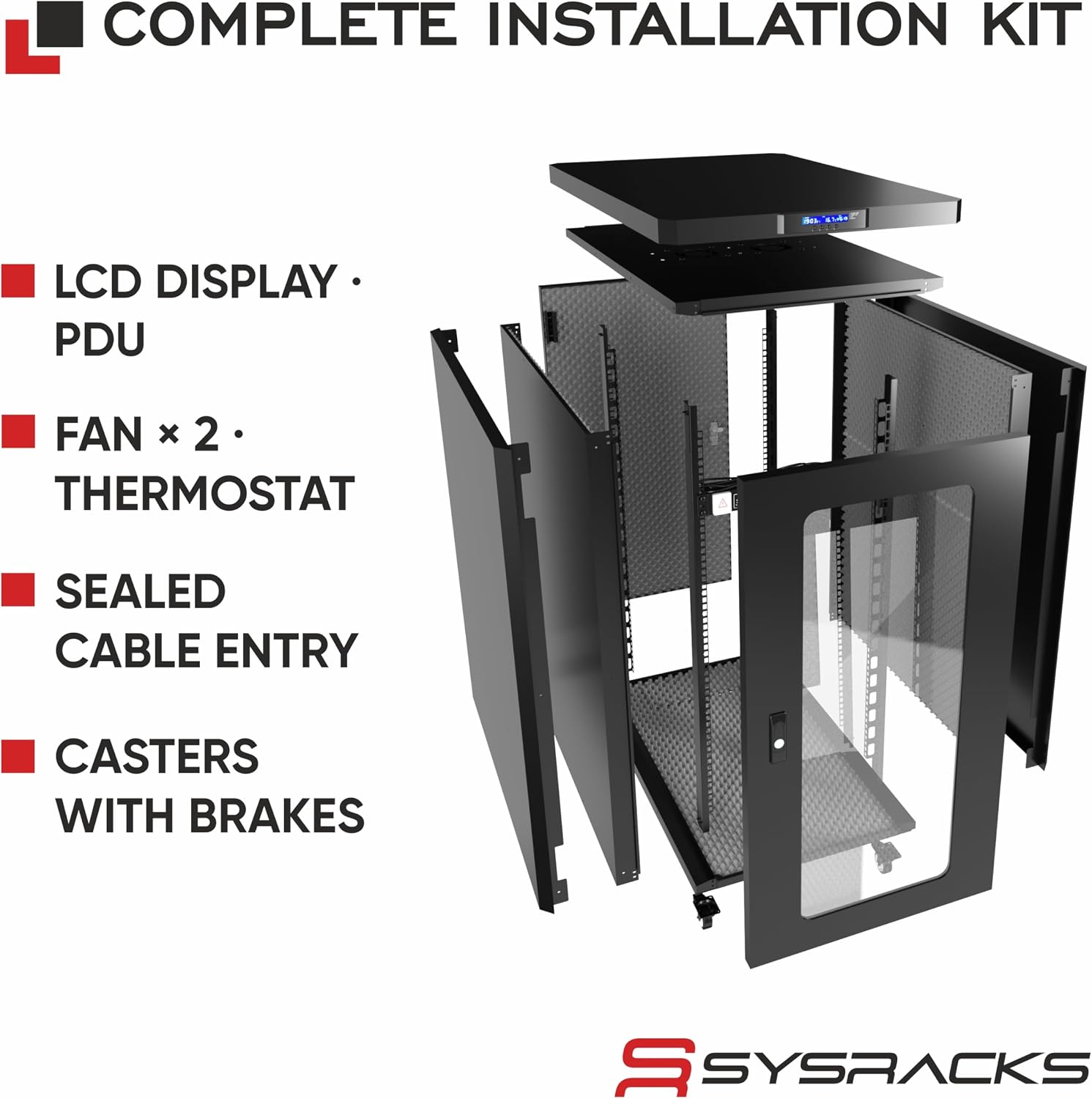 Soundproof Server Rack Cabinet – Quiet Acoustic 19' Network Enclosure with Dual Fans, Thermostat Control, Locking Glass Door, Floor Standing Rack (18U)