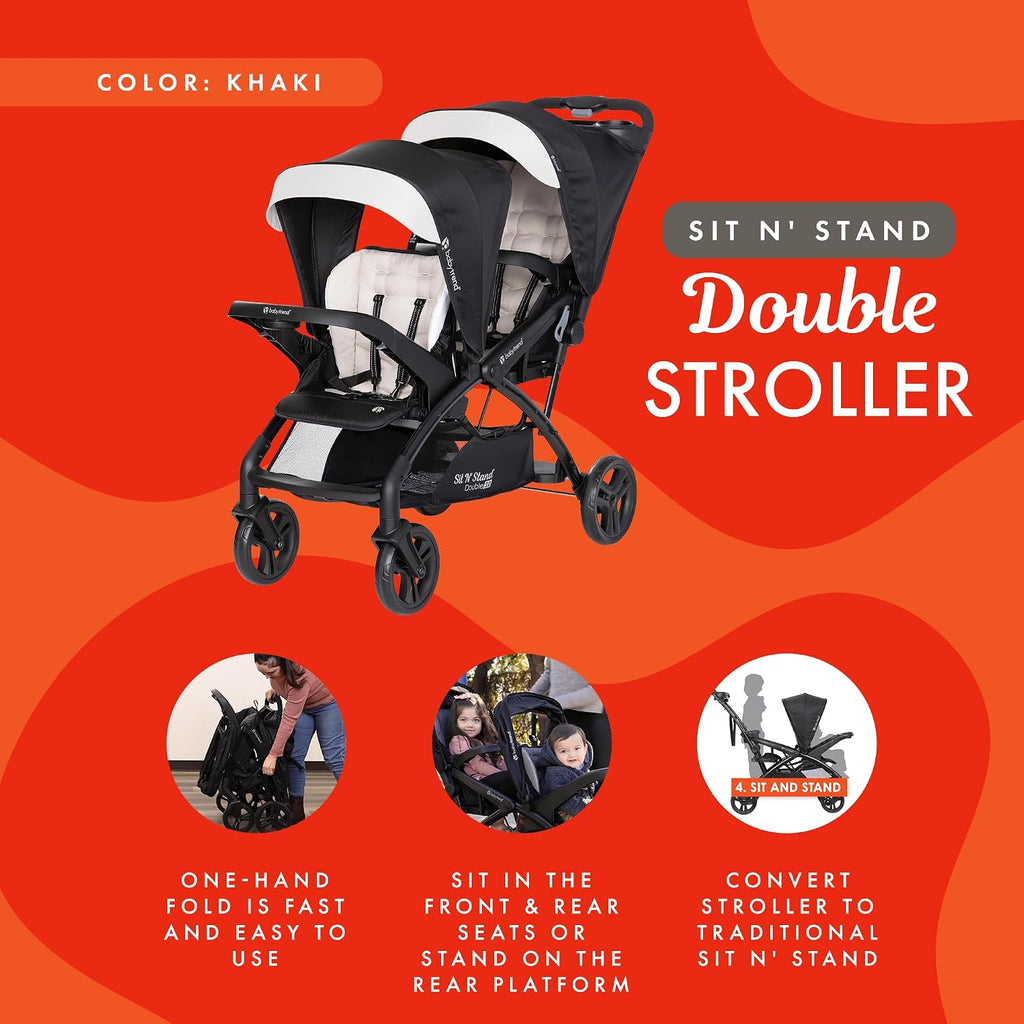 Baby Trend Sit N' Stand Tandem Double Stroller 2.0 DLX and 5 Point Safety Harness, Shaded Canopy, Storage Compartment, and 2 Cup Holders, Modern Khaki