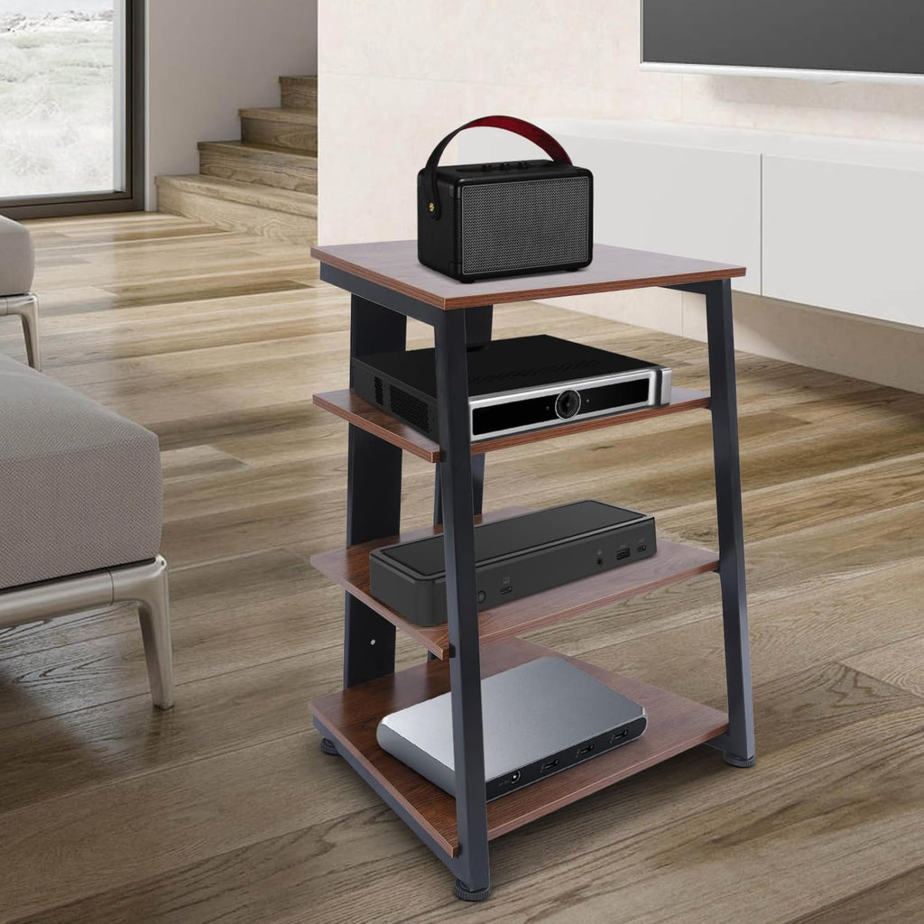 4-Tier AV Media Stand, Corner Shelf Stereo Audio Rack Stand with Adjustable Shelves, 110 lbs Total Capacity, Perfect for Home Theaters, Studios (Brown+Black)