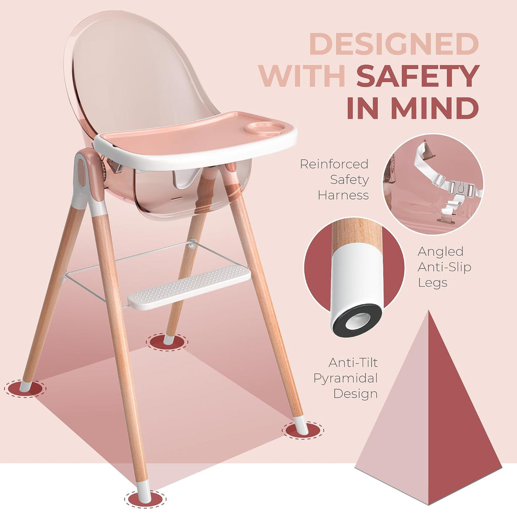 6 in 1 Deluxe Wooden High Chair for Babies & Toddlers, Modern Safe & Compact Baby Highchair, Easy to Clean & Assemble, Removable Tray, 6 Options 3 Seat Positions 2 Heights (Pink)