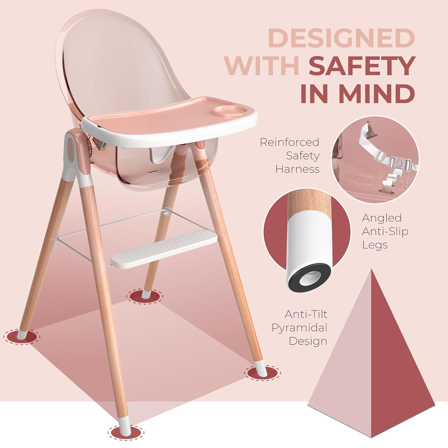 6 in 1 Deluxe Wooden High Chair for Babies & Toddlers, Modern Safe & Compact Baby Highchair, Easy to Clean & Assemble, Removable Tray, 6 Options 3 Seat Positions 2 Heights (Pink)