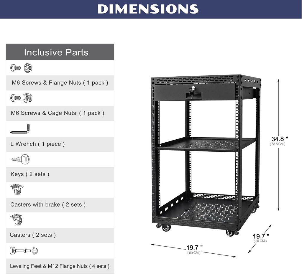 16U Server Rack Cabinet with Drawer & Full Size Rack Shelf - Integrated Top/Bottom Panels, 4 Rolling Wheels for 19' Equipment & Home Lab Studio