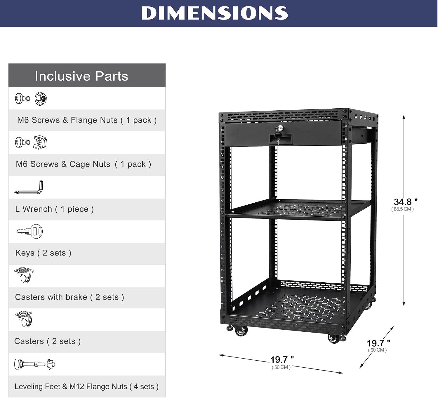 16U Server Rack Cabinet with Drawer & Full Size Rack Shelf - Integrated Top/Bottom Panels, 4 Rolling Wheels for 19' Equipment & Home Lab Studio