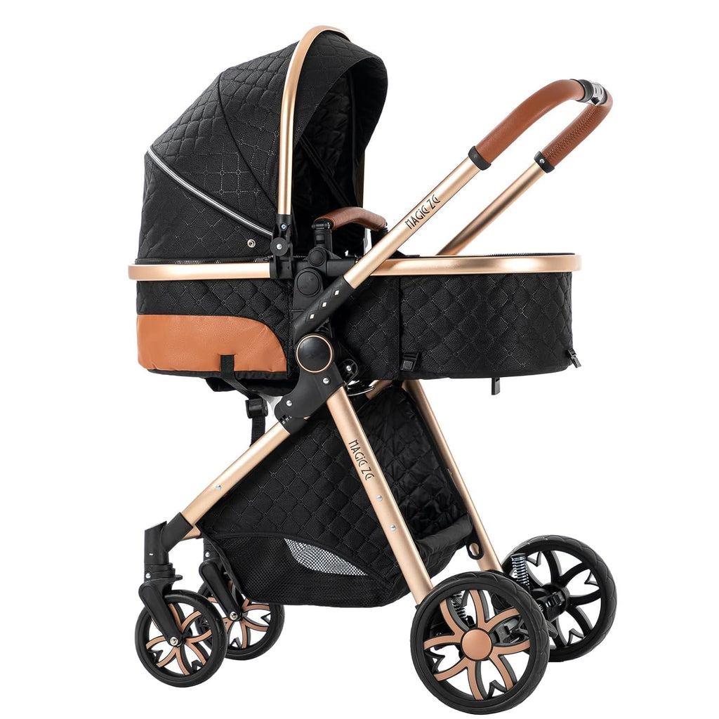 Convertible Baby Stroller:Full-Size Reversible Bassinet & Toddler Seat,Foldable Design with UPF 50+ Canopy,Bug Shield,Rain Shield,All-Weather Storage – Newborn to 36 Months(Black&Gold)