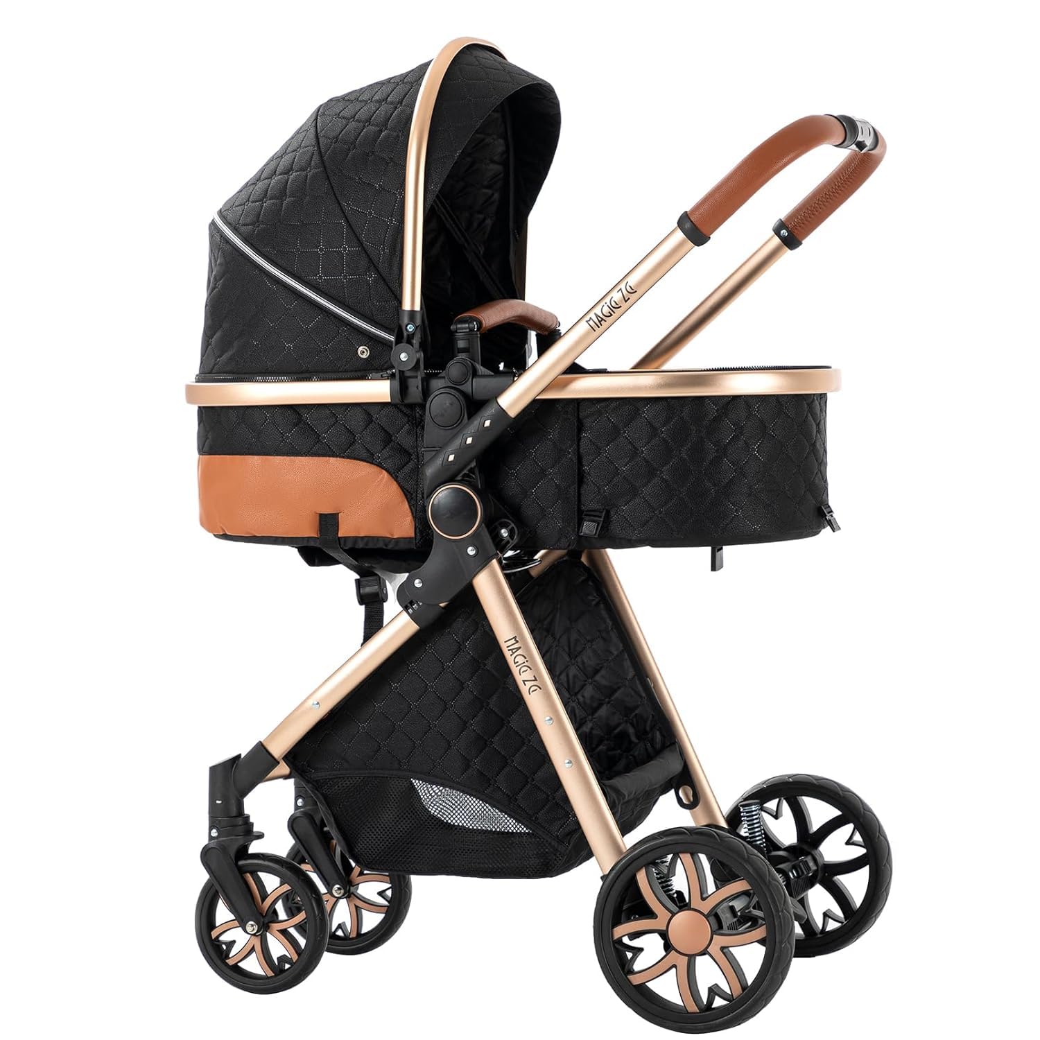 Convertible Baby Stroller:Full-Size Reversible Bassinet & Toddler Seat,Foldable Design with UPF 50+ Canopy,Bug Shield,Rain Shield,All-Weather Storage – Newborn to 36 Months(Black&Gold)
