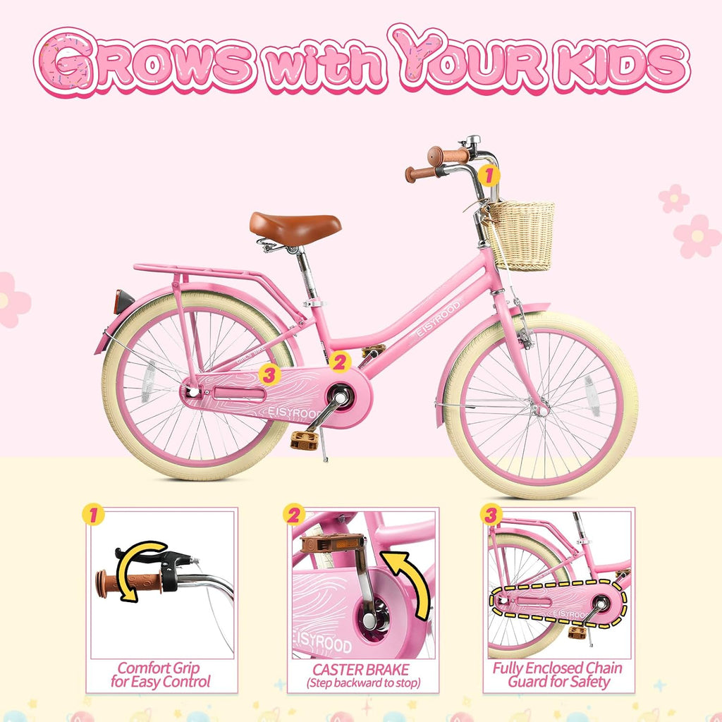 20 Inch Girls Bike, Single Speed Kids' Bicycles with Basket and Kickstand, Kids Beach Cruiser Bike for Girls, Adjustable Seat, Multiple Colors