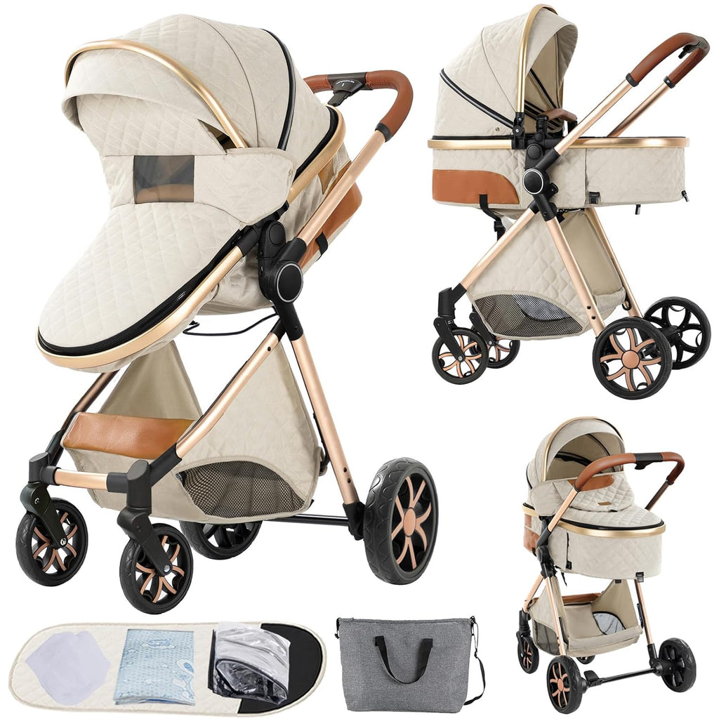 Nine point nine 2 in 1 Baby Stroller, Reversible Convertible Infant Stroller of One-Click Folding, Newborn Travel Strollers Toddler Standard Pram Carriage (225 Creamy White)