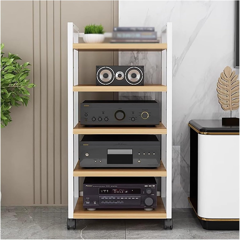JYHHCYS Audio Component Rack Media Stereo Stand Equipment Shelf 3 4 5 Tier, Free Standing Heavy Duty Media Storage Stands on Wheels, Commercial Home (Color : White-#2, Size : 5 Layer)
