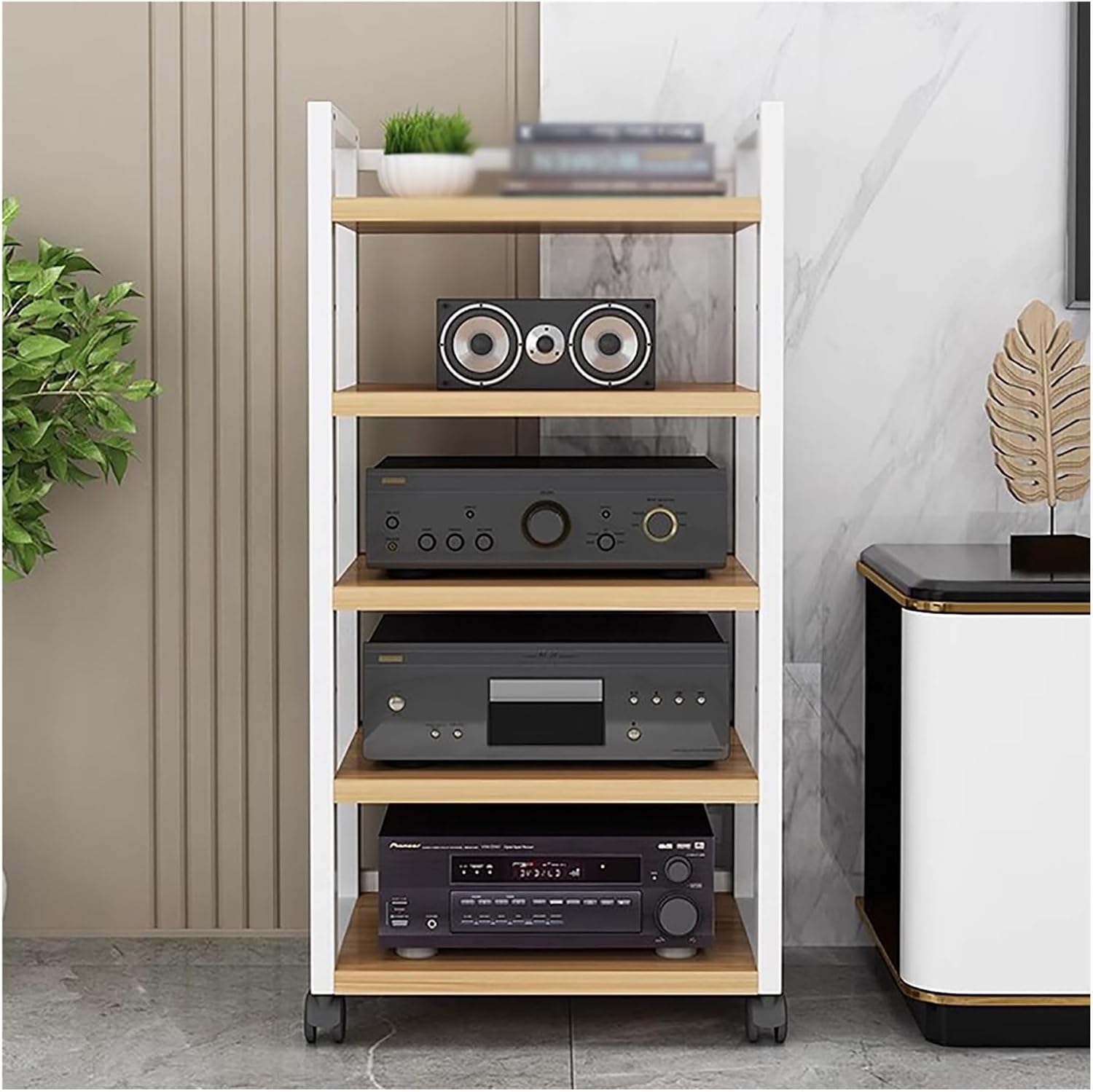 JYHHCYS Audio Component Rack Media Stereo Stand Equipment Shelf 3 4 5 Tier, Free Standing Heavy Duty Media Storage Stands on Wheels, Commercial Home (Color : White-#2, Size : 5 Layer)