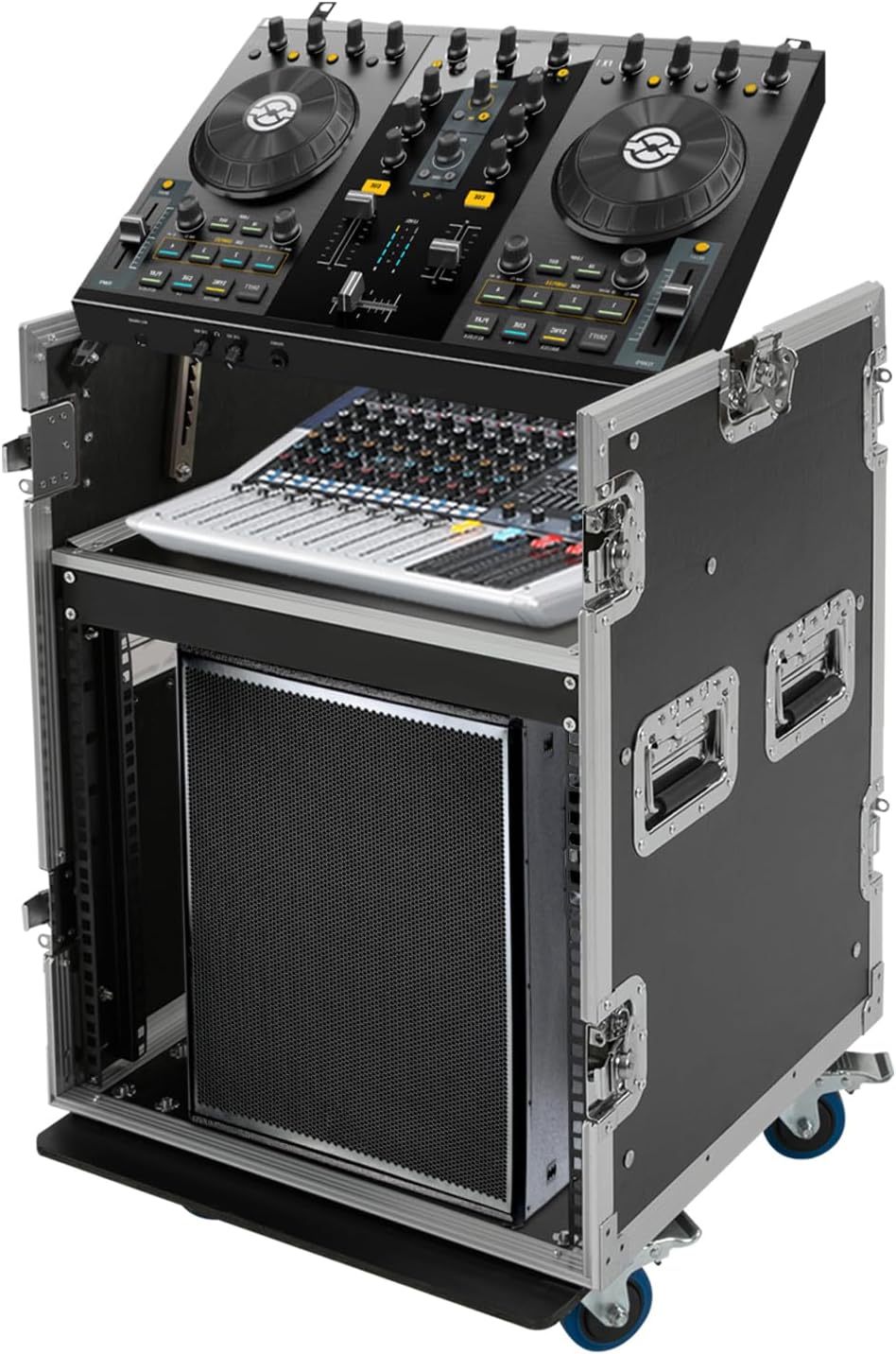 10U PA DJ Rack/Road ATA Case, Network & Stereo Rack with Slant Mixer Tops, Heavy-Duty DJ Work Table Rolling Studio Equipment Cabinet, Amplifier Mixer Storage Stand for Pro Tour Grade, Live Sound