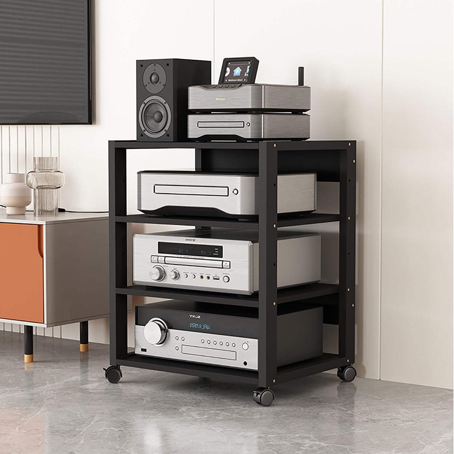 AV Media Tower Stereo Cabinet, 3/4/5 Tier Floor-Standing Audio Rack CD DVD Record Player Stand, Movable Corner Storage Shelf with Wheels for Home Theater, Black(4 Tier)