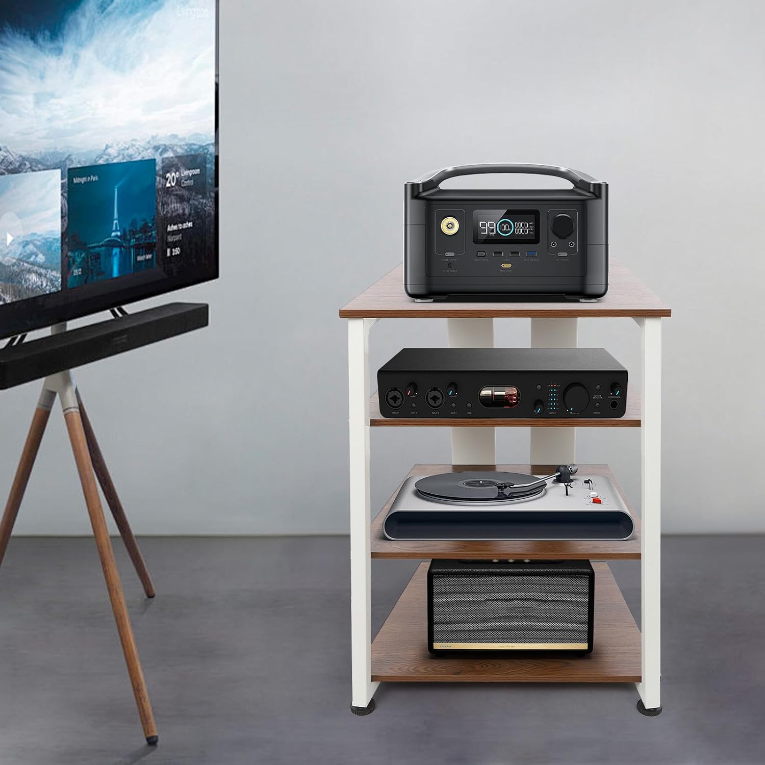 4-Tier AV Media Stand, Corner Shelf Stereo Audio Rack Stand with Adjustable Shelves, 110 lbs Total Capacity, Perfect for Home Theaters, Studios (Brown+White)