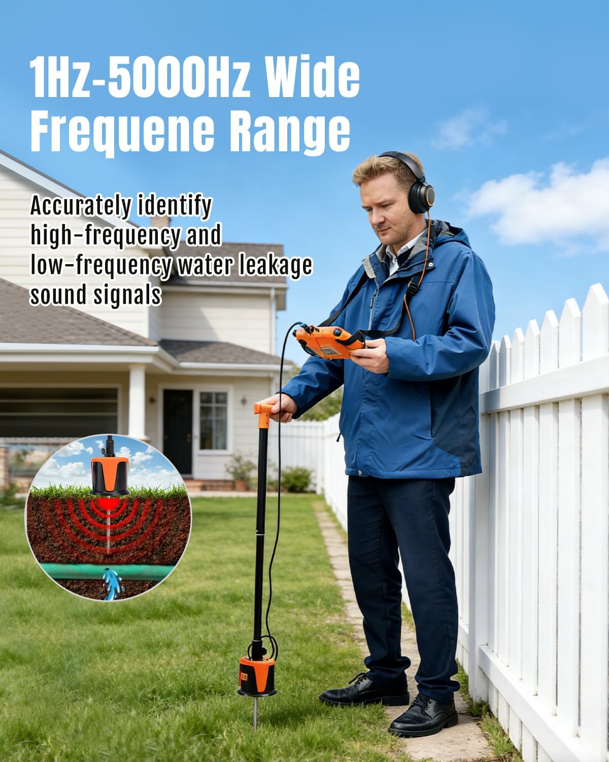 Outdoor Pipe Water Leak Detector, 5m Depth Underground Water Leak Detector with Noise Reduction Headphone Touchscreen Carry Case - L2000