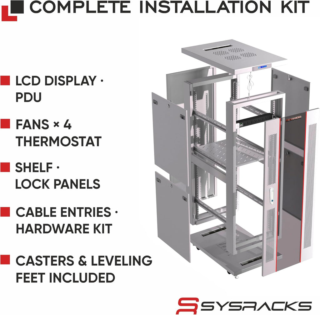 32U Server Rack Cabinet – 19' Network Rack Enclosure, 35' Deep Floor Standing Data Rack with Locking Glass Door, Cooling Fans, PDU & Shelf for Servers, Switches and Patch Panels