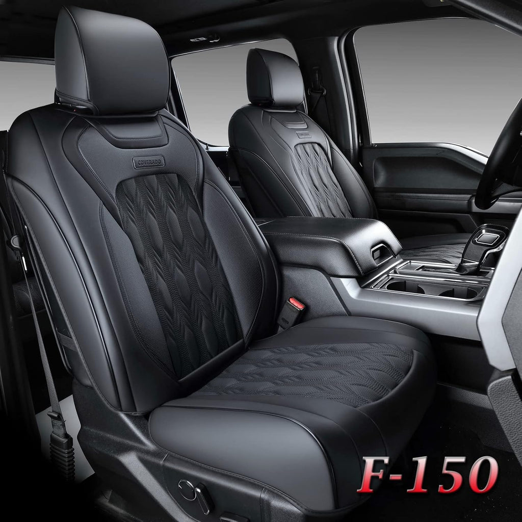 Coverado Car Seat Covers Full Set, Leather Ford F150 Seat Covers Fit for 2015-2026 F150 and 2017-2026 F250 F350 F450 Super Duty Crew Cab XL XLT Lariat King Ranch Platinum (Black)