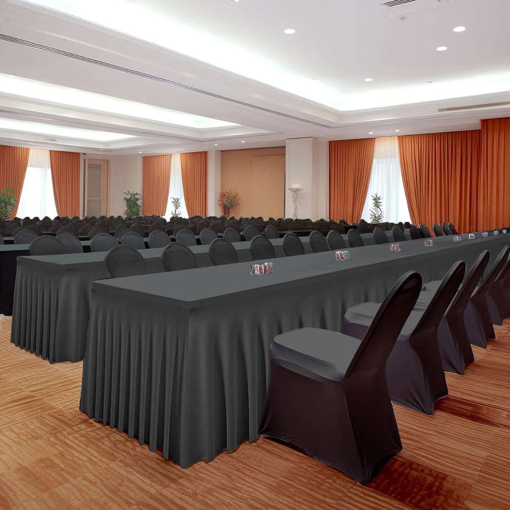 Shillance 6 Packs Black Spandex Table Covers 6 Foot, Fitted Stretch Table Cloth with Skirts 96x30 Inch, Wrinkle-Free Floor Length Rectangle Tablecloths for Trade Show Weddings Parties Banquets Events