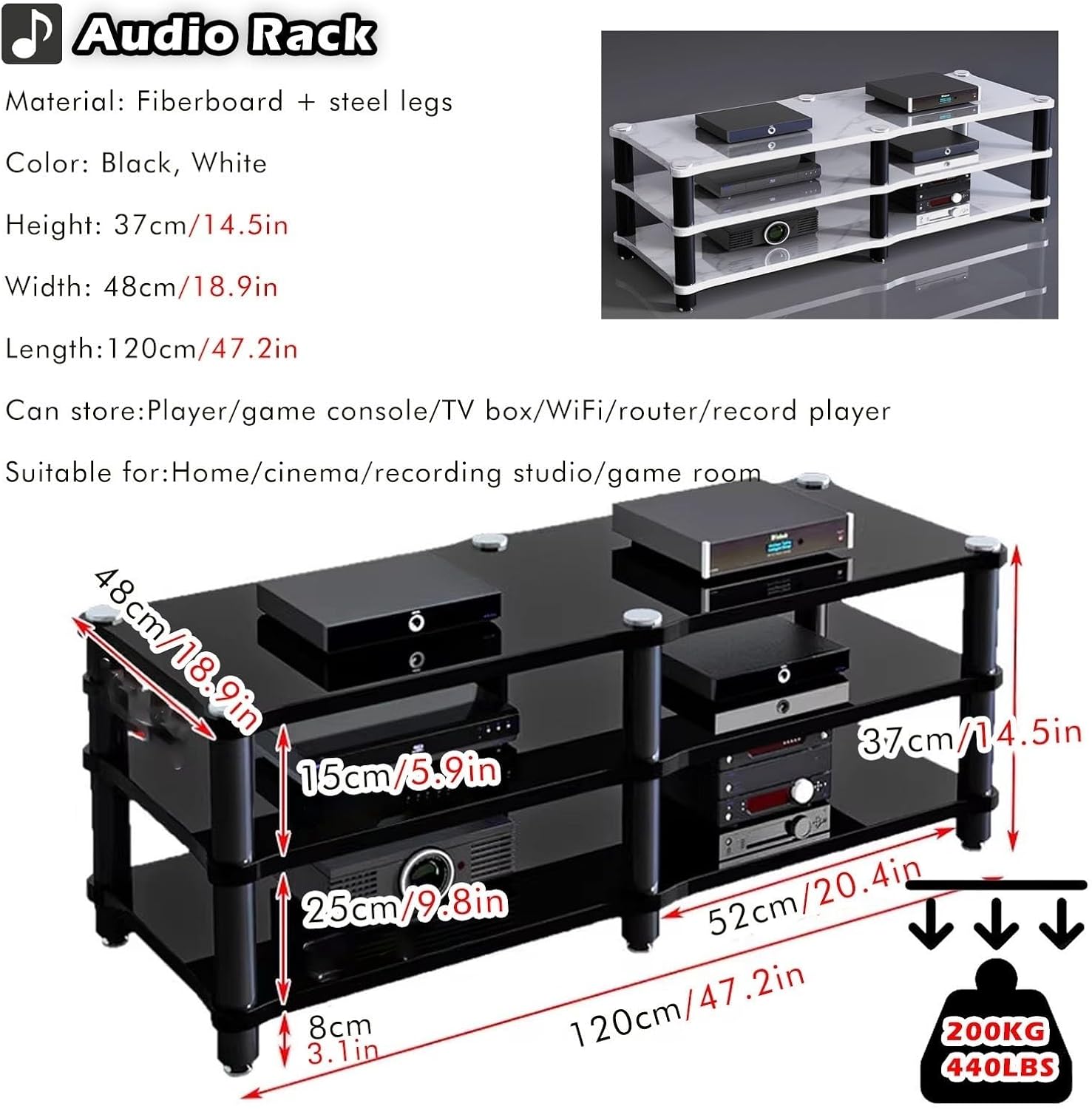 Modern Multimedia Stand, 2/3 Layer Corner Entertainment Center/TV Console with Media Storage for Living Room & Bedroom, Audio Equipment Cabinet(Black,3 Tier)