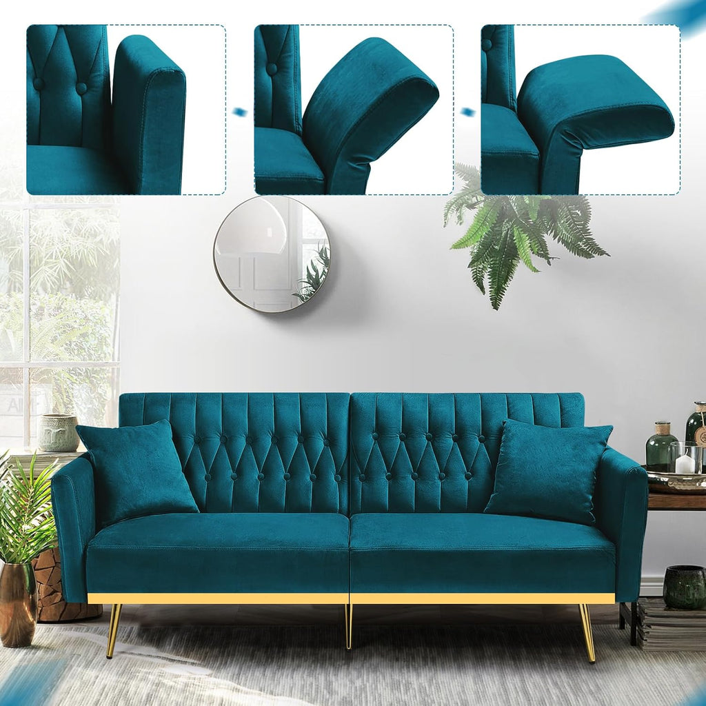 70' Velvet Futon Sofa Bed w/Adjustable Armrests and Backrest, Convertible Futon Couch w/2 Pillows, Modern Sleeper Bed for Living Room, Bedroom, Teal
