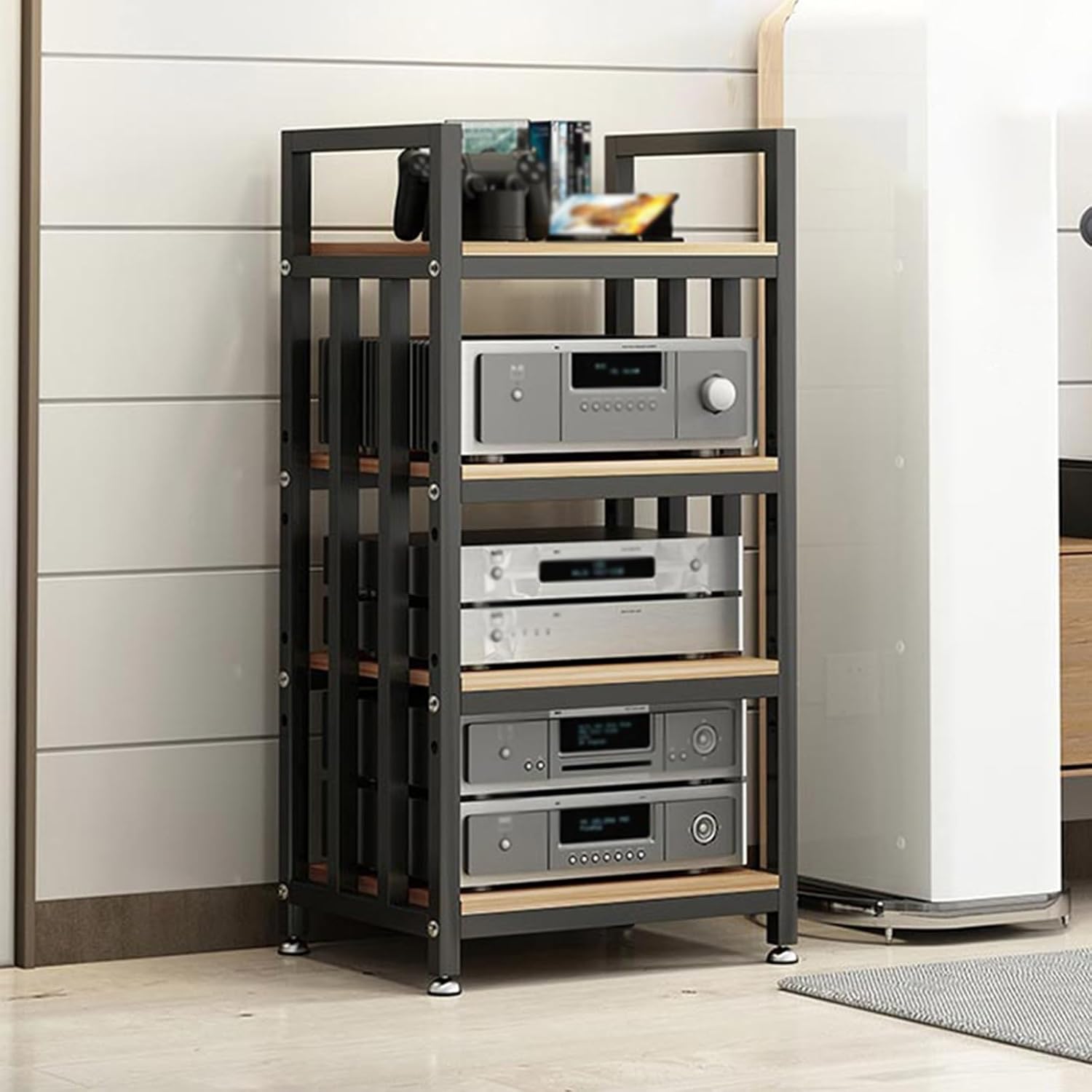 Media Stand with Adjustable Shelf, Rolling Stereo Cabinet for Living Room Home Office, Versatile Media Storage Rack for DVDs Gaming Consoles and Audio Equipment
