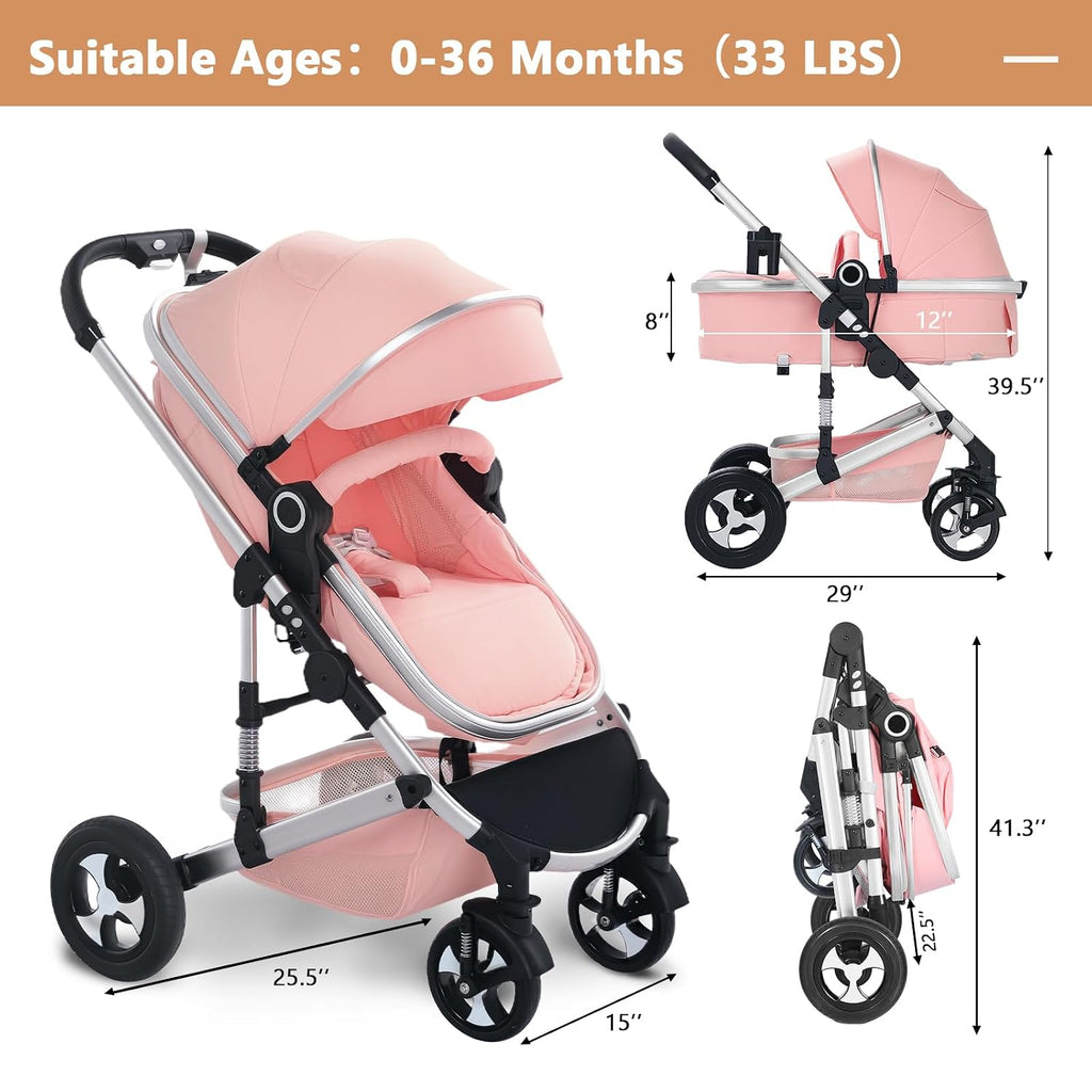 TODEFULL Convertible Baby Stroller, 3 in 1 Folding Infant Stroller, High Landscape Pushchair w/Adjustable Backrest & Canopy, Newborn Pram with Foot Cover, Storage Basket, Pink