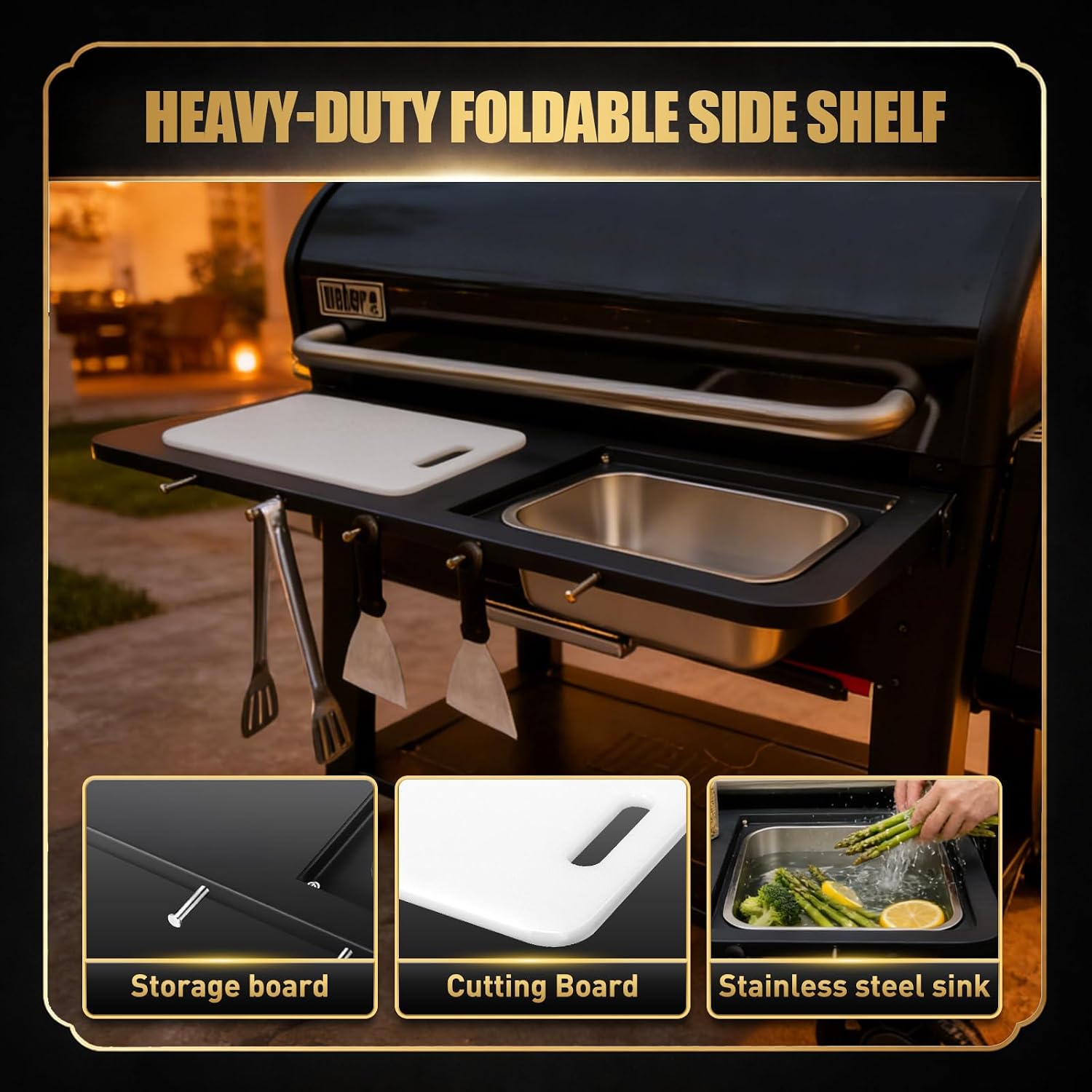 QuliMetal Folding Front Shelf for Weber Searwood XL 600, 35' x 12.5' Grill Prep Table with Stainless Steel Basin, Cutting Board, Lid and 5 Hooks, Heavy-Duty Front Grill Table Accessory