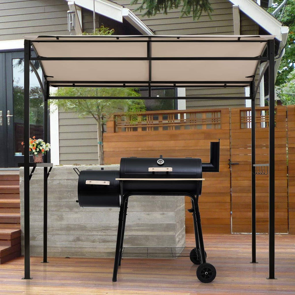 Tangkula 7ft Grill Gazebo, Patio Barbecue Canopy with Serving Shelf and Storage Hooks, Curved Grill Shelter w/Heavy-Duty Steel Frame Sunshade Gazebo for Outdoor Garden (Beige)