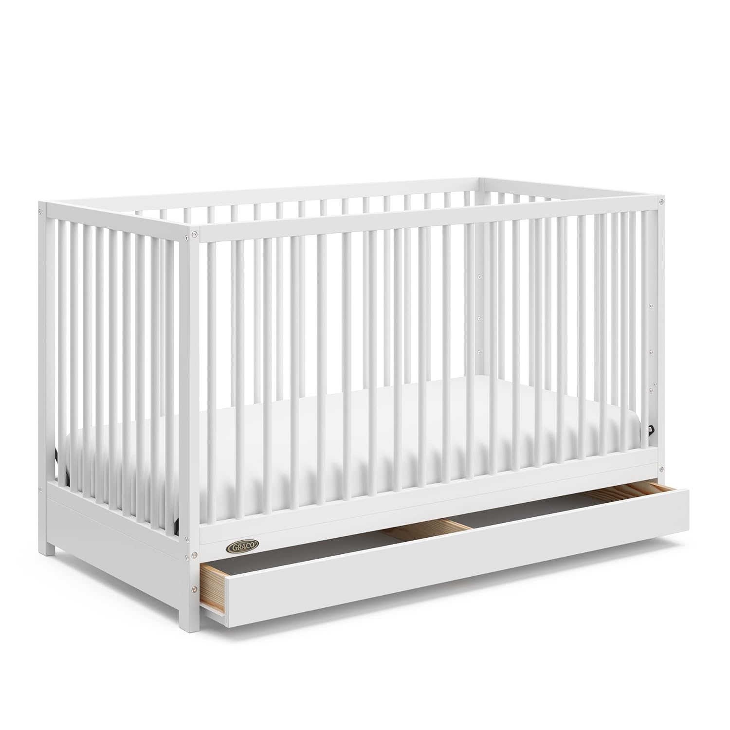 Graco Teddi 5-in-1 Convertible Crib with Drawer – GREENGUARD Gold Certified, Full-Size Nursery Storage Drawer, Baby Crib Converts to Toddler Bed, Daybed and Full-Size Bed (White)