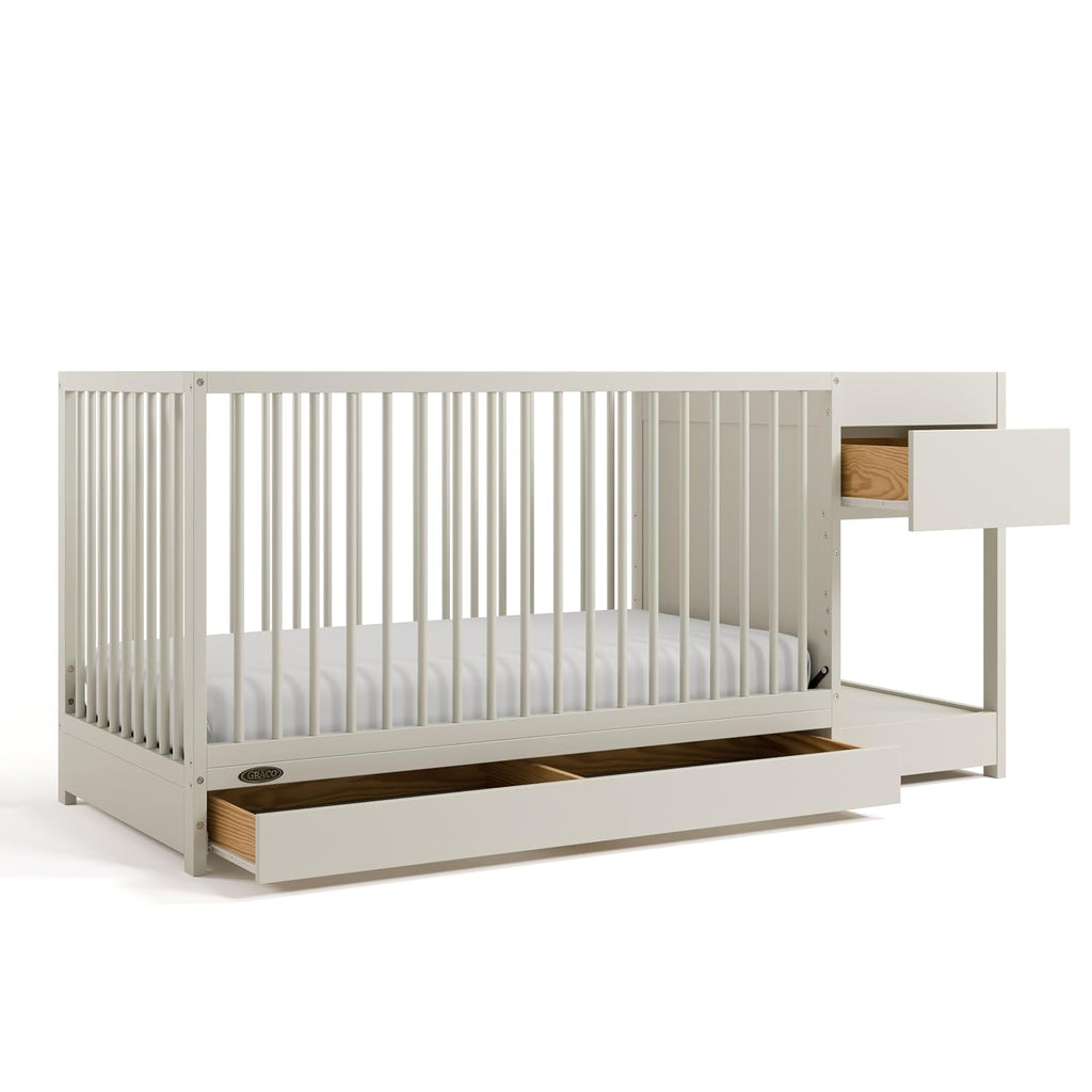 Graco Teddi 5-in-1 Convertible Crib & Changer with Drawer – GREENGUARD Gold Certified Baby Crib Crafted from Wood, Converts to Toddler Bed, Daybed, and Full-Size Bed (Frosted Oat)