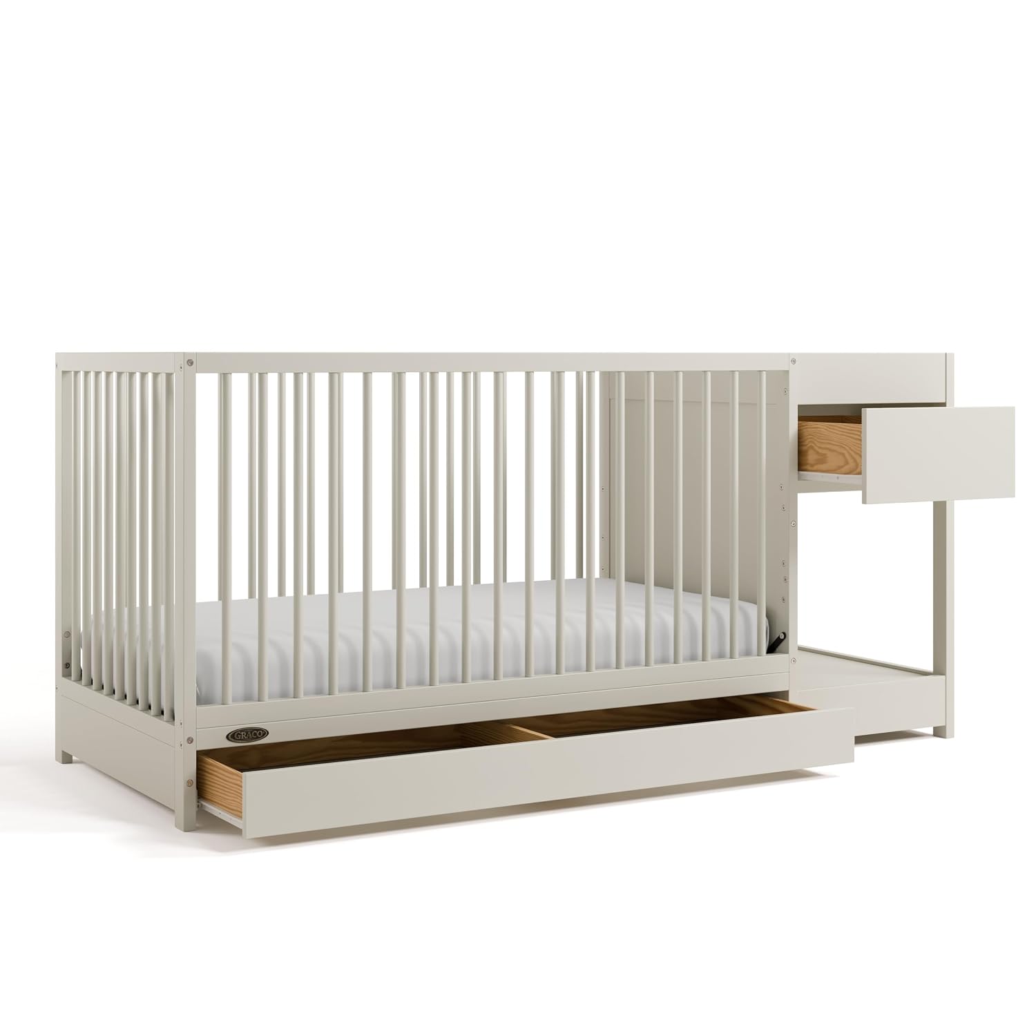 Graco Teddi 5-in-1 Convertible Crib & Changer with Drawer – GREENGUARD Gold Certified Baby Crib Crafted from Wood, Converts to Toddler Bed, Daybed, and Full-Size Bed (Frosted Oat)