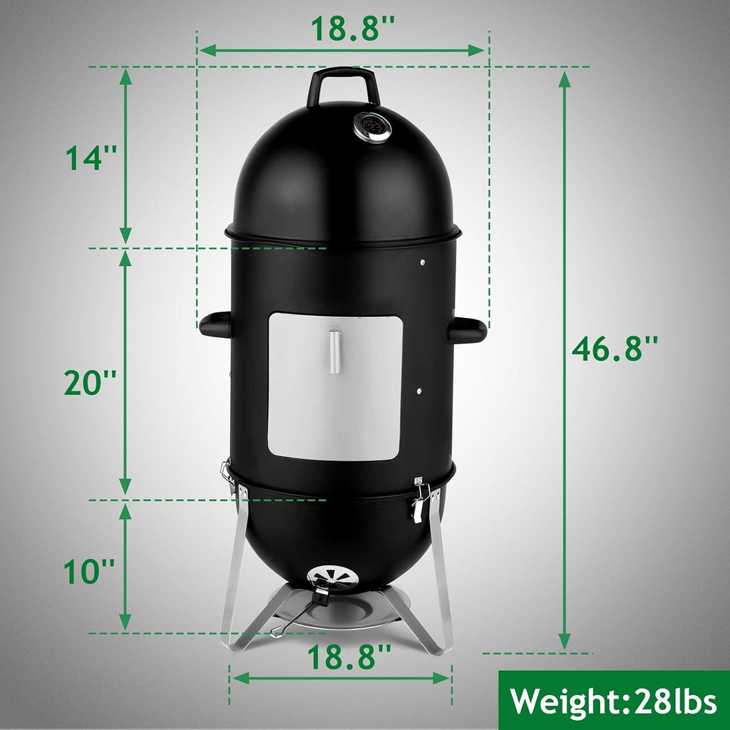 VINGLI 4-Tier 3-in-1 Vertical Charcoal Grill, 18.8 Charcoal Smoker with Built-in Thermometer, Air Vent and Access Doors, Perfect for Outdoor Cookings, Camping, Picnics, BBQs, and Tailgating Parties