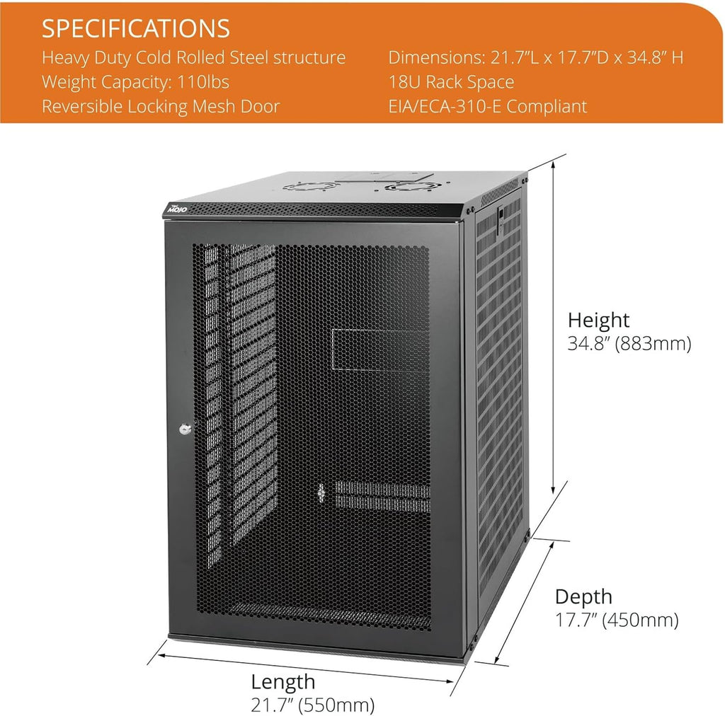 Tecmojo 18U Wall Mount Rack Network Cabinet for 19' IT Equipment,with Lockable Mesh Door and Side Panels,Cooling Fan,Black,17.7inch Depth for AV/Computer/Electronics Equipment Data Rack