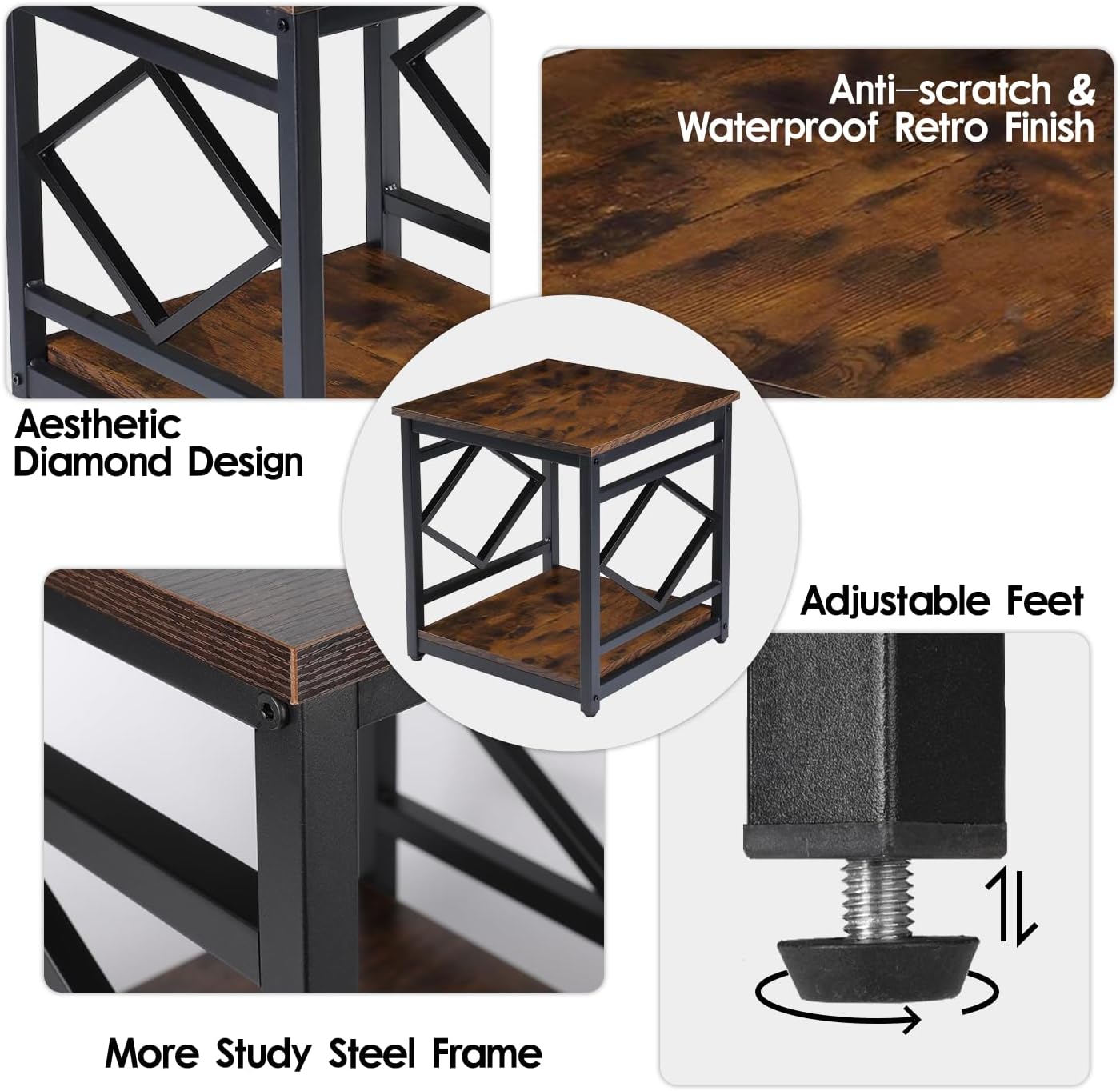 HODGSON Industrial End Table Side Table with Storage 18' *18', Square Wood End Table Stand for Mini Fridge Living Room Bedroom Room Corner Dorm Night Stand with Storage Metal Frames