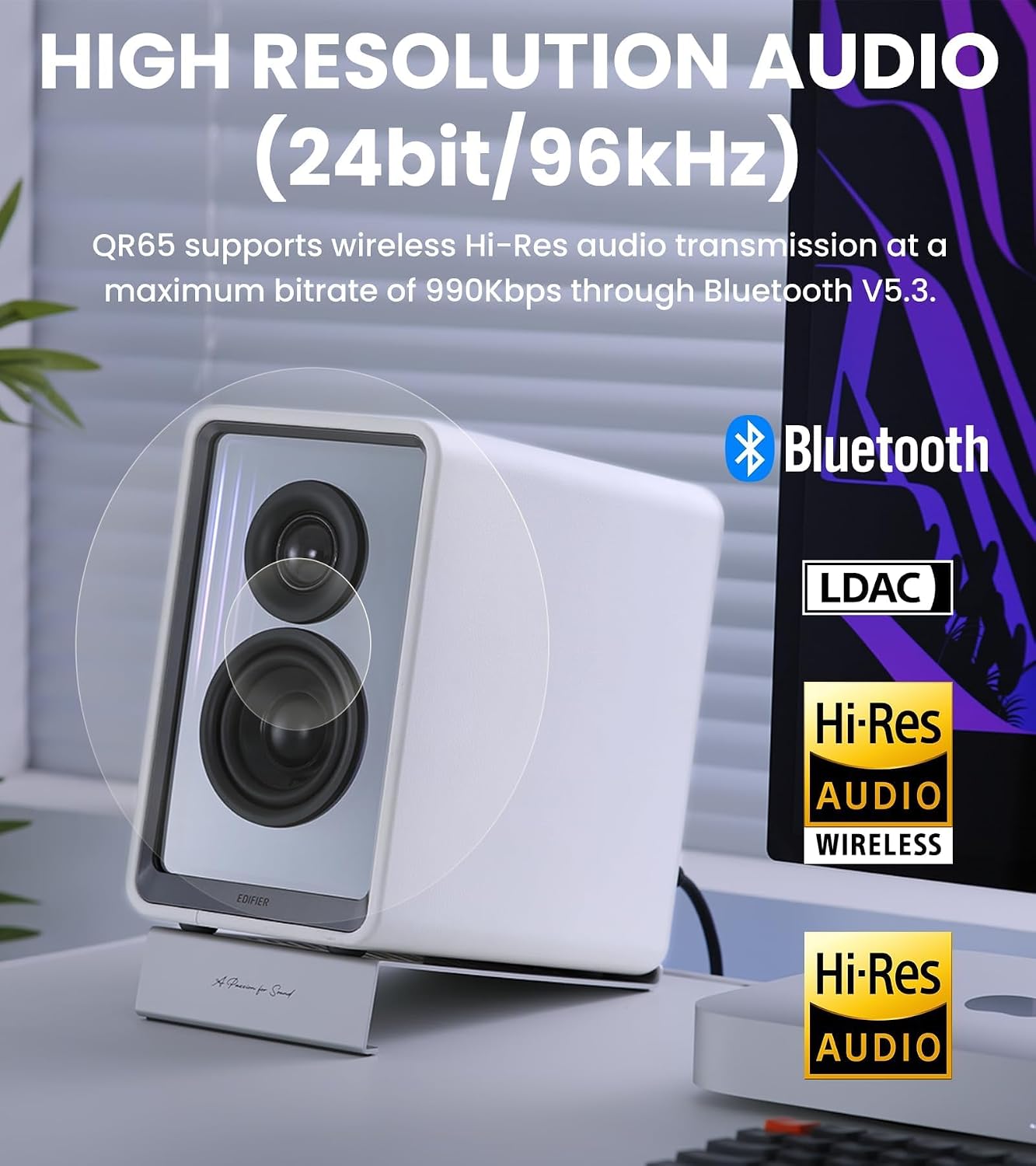 Edifier QR65 Desktop Active Monitor with 2.75' Long-Throw Aluminum Diaphragm mid-Low Drivers, Hi-Res Audio, Brilliant Light Effects, 70W Output Power Bluetooth Speakers with Stands - White