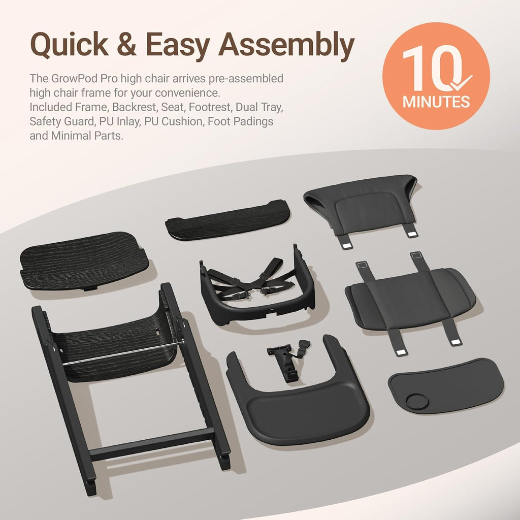 Mamazing GrowPod Pro Wooden Baby High Chair for 6 Months to 300lbs, Easy to Clean with Tray, Compact Foldable Highchair for Kitchen & Dining Room, with 5-Point Safety Harnesses and Guard Bar
