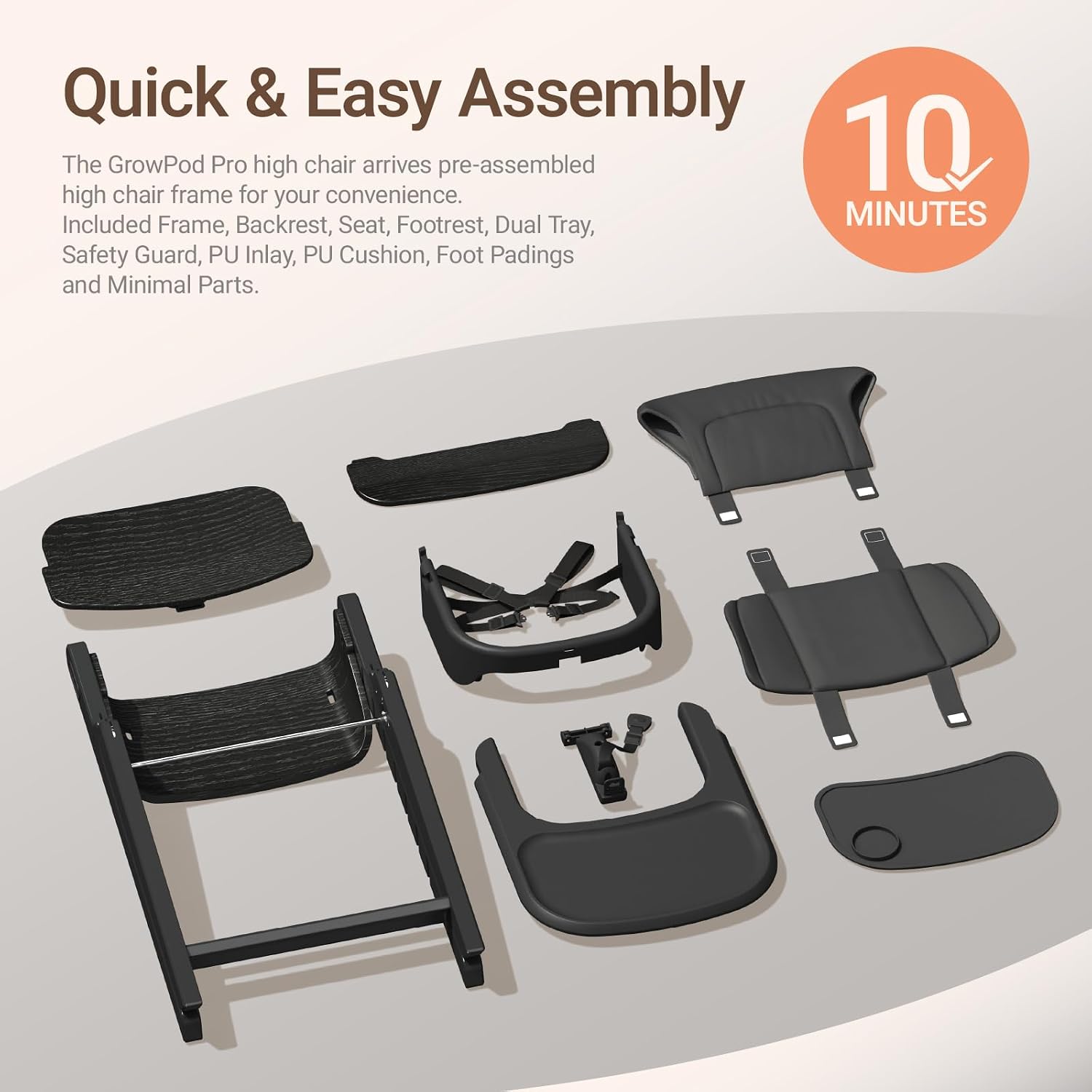 Mamazing GrowPod Pro Wooden Baby High Chair for 6 Months to 300lbs, Easy to Clean with Tray, Compact Foldable Highchair for Kitchen & Dining Room, with 5-Point Safety Harnesses and Guard Bar