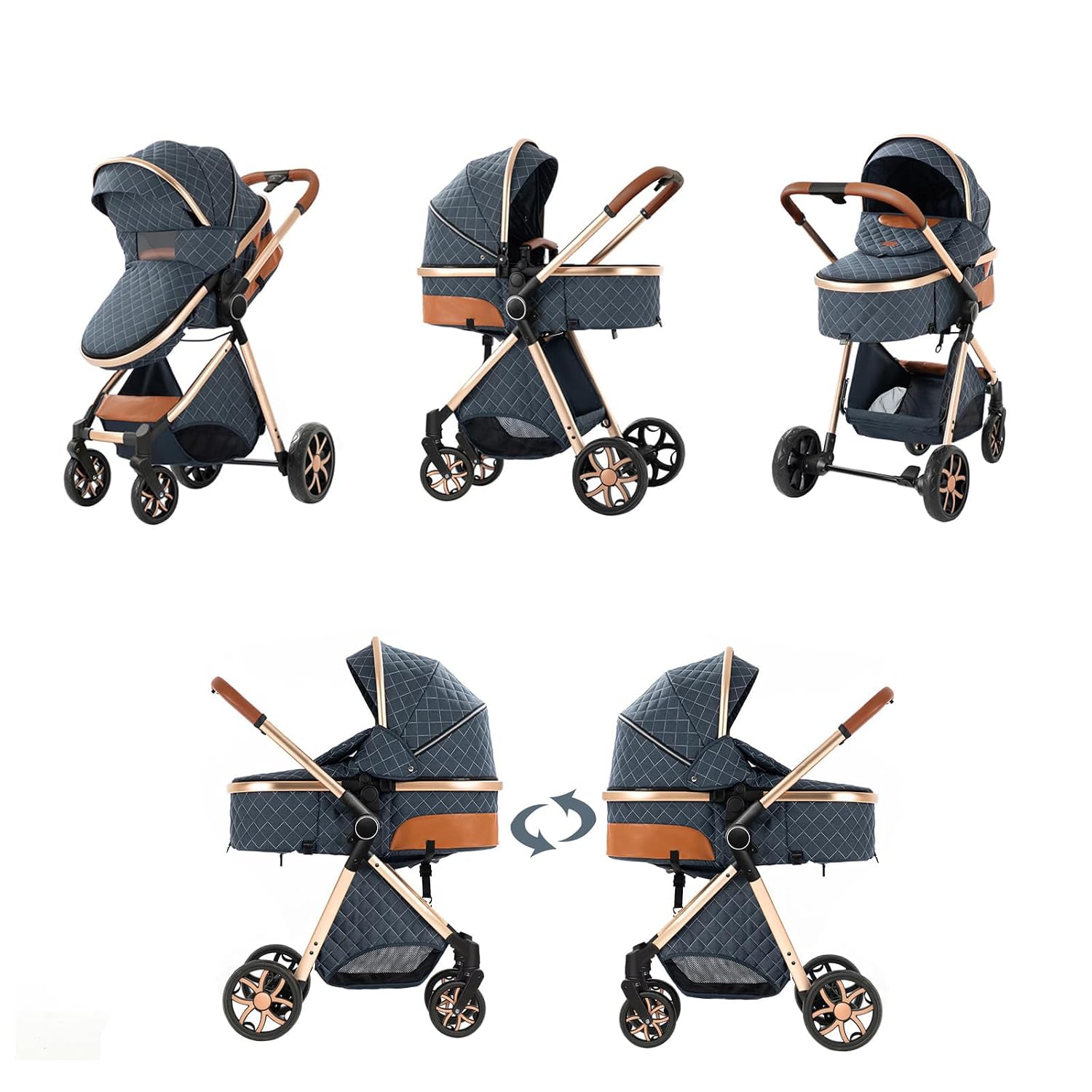 Nine point nine 2 in 1 Baby Stroller, Reversible Convertible Infant Stroller of One-Click Folding, Newborn Travel Strollers Toddler Standard Pram Carriage (225 Black Gold)