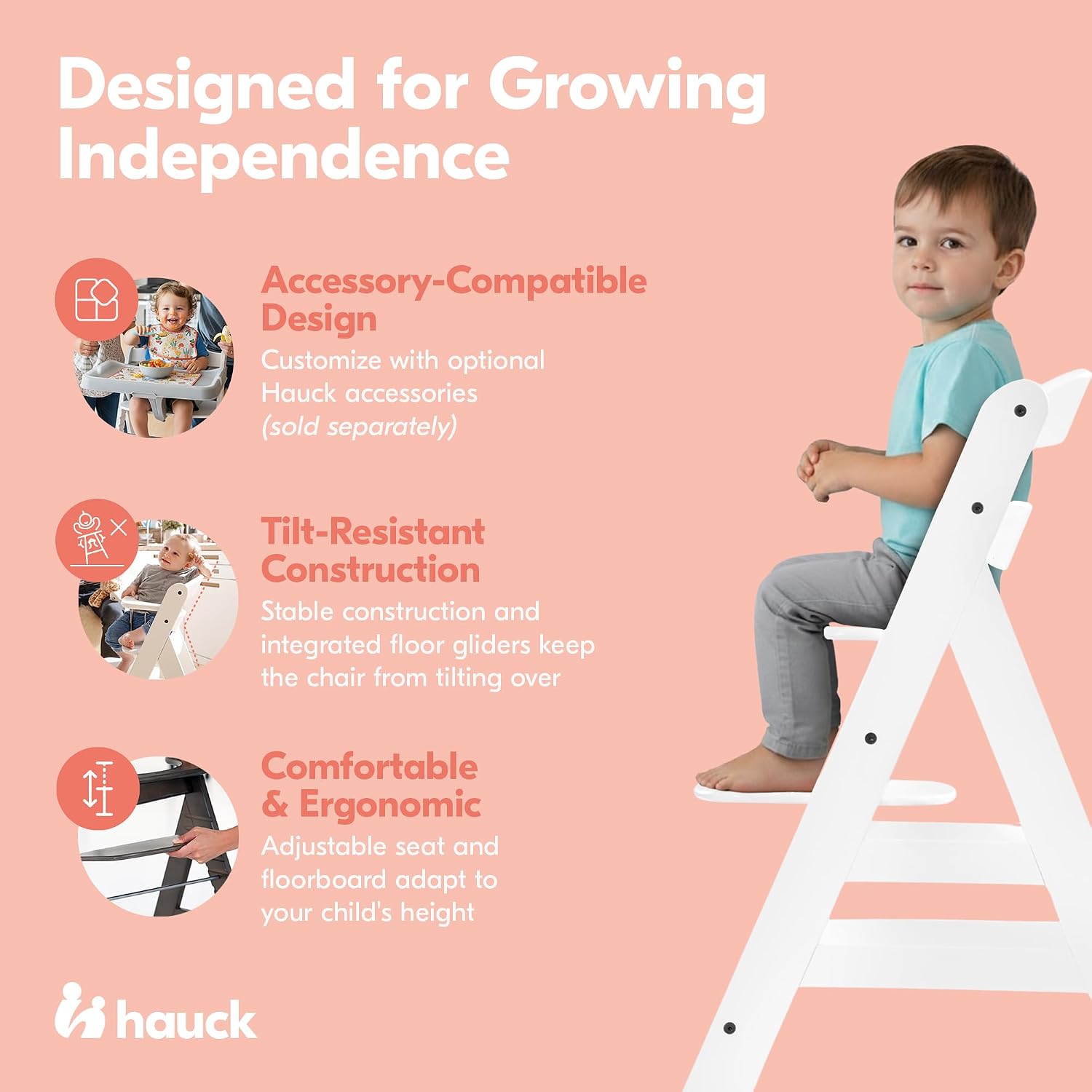 hauck Alpha+ Grow Along Seat Solid Beechwood Booster Chair with Adjustable Seat, 5 Point Safety Harness, & Bumper Bar for Infants & Toddlers, White