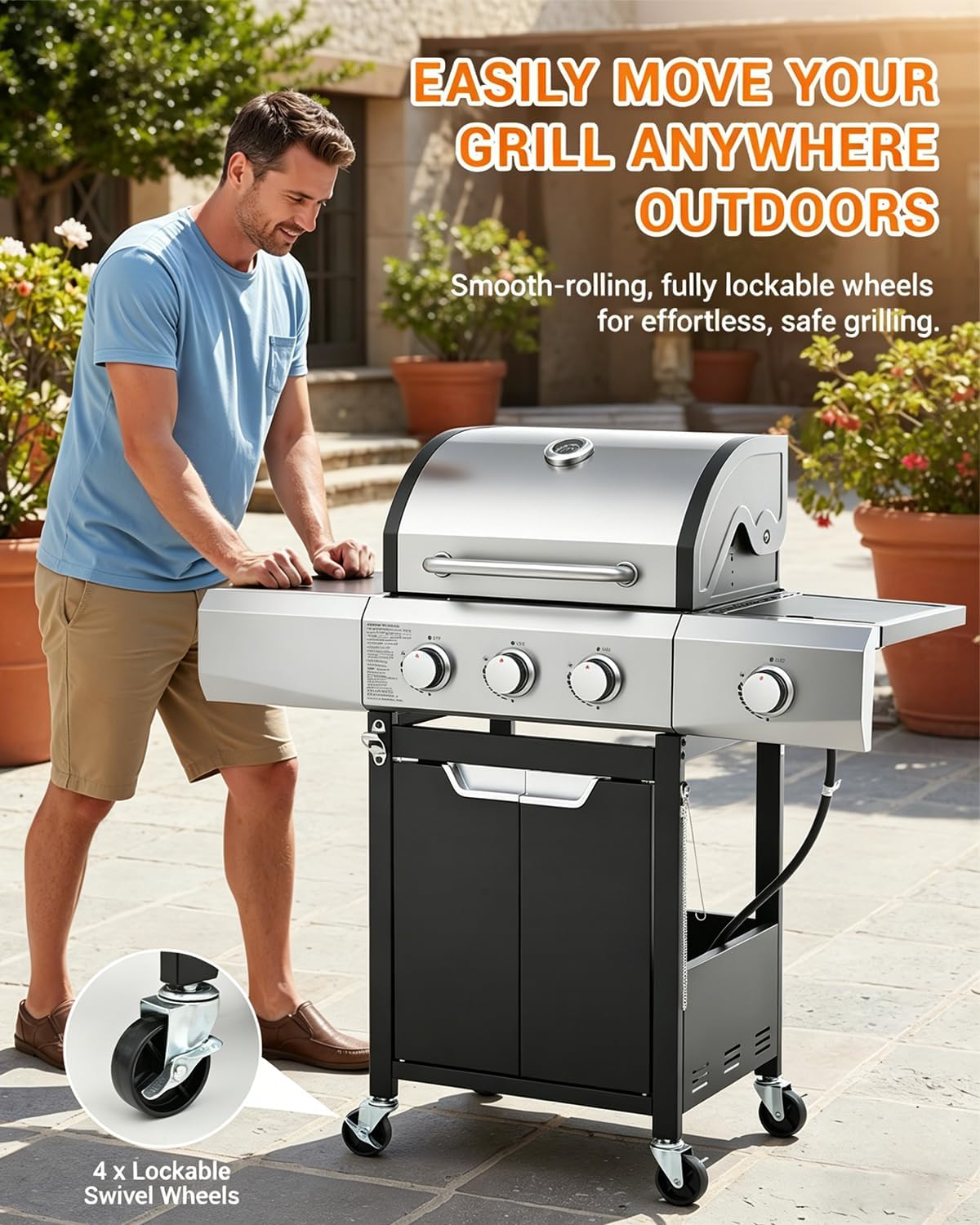 EUHOME 40,500 BTU 3-Burner Propane Gas Grill with Side Burner, Stainless Steel Outdoor BBQ Grill with 380 sq.in Cooking Space, 4 Swivel Casters & Cast Iron Grates for Patio Backyard Garden
