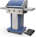 Permasteel 3-Burner Propane Gas Grill, 30,000 BTUs BBQ Grill with Cast Iron Grates, Foldable Side Tables & Tool Hooks, Outdoor Grill, Azure + Bonus Cover