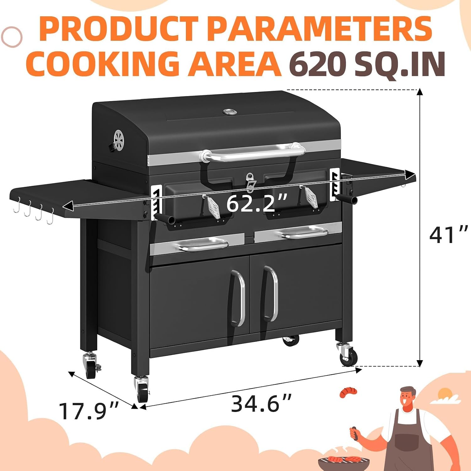 MELLCOM 36 In Large Charcoal Grills - 620 Sq.In Oversized BBQ Area with Storage Cabinet & Individual Lifting Charcoal Trays, Foldable Side Tables and Thermometer for Outdoor, Patio, Balcony