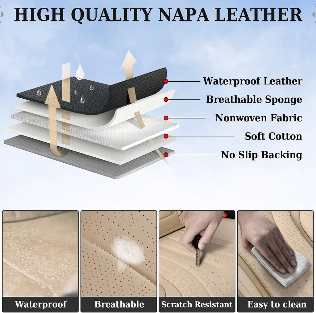 Coverado Car Seat Covers Full Set, Breathable Nappa Leather Seat Covers for Cars, Universal Seat Covers, Front and Back Waterproof Car Seat Protector, Automotive Seat Cushion Fit Most Cars(Beige)