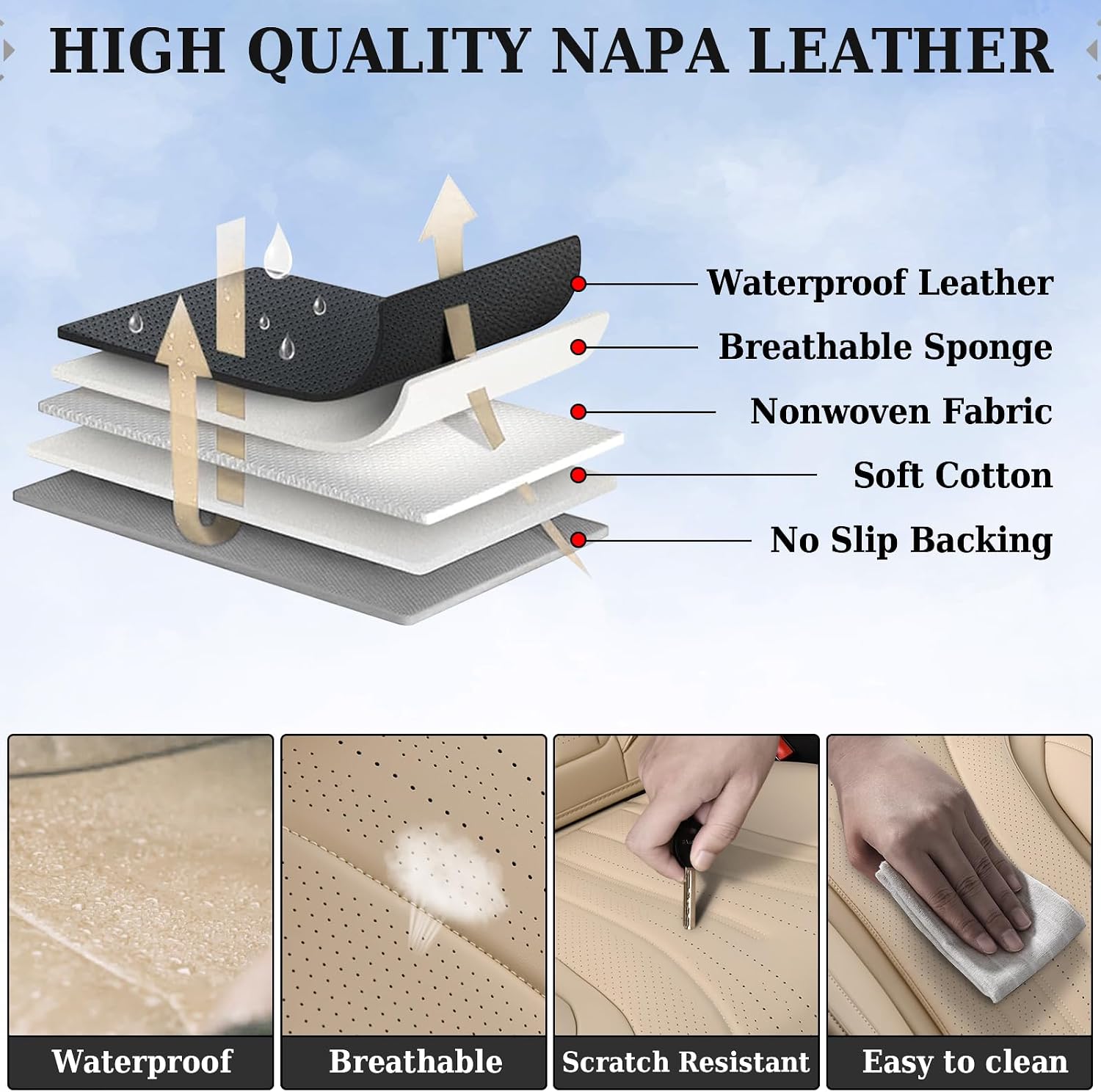 Coverado Car Seat Covers Full Set, Breathable Nappa Leather Seat Covers for Cars, Universal Seat Covers, Front and Back Waterproof Car Seat Protector, Automotive Seat Cushion Fit Most Cars(Beige)