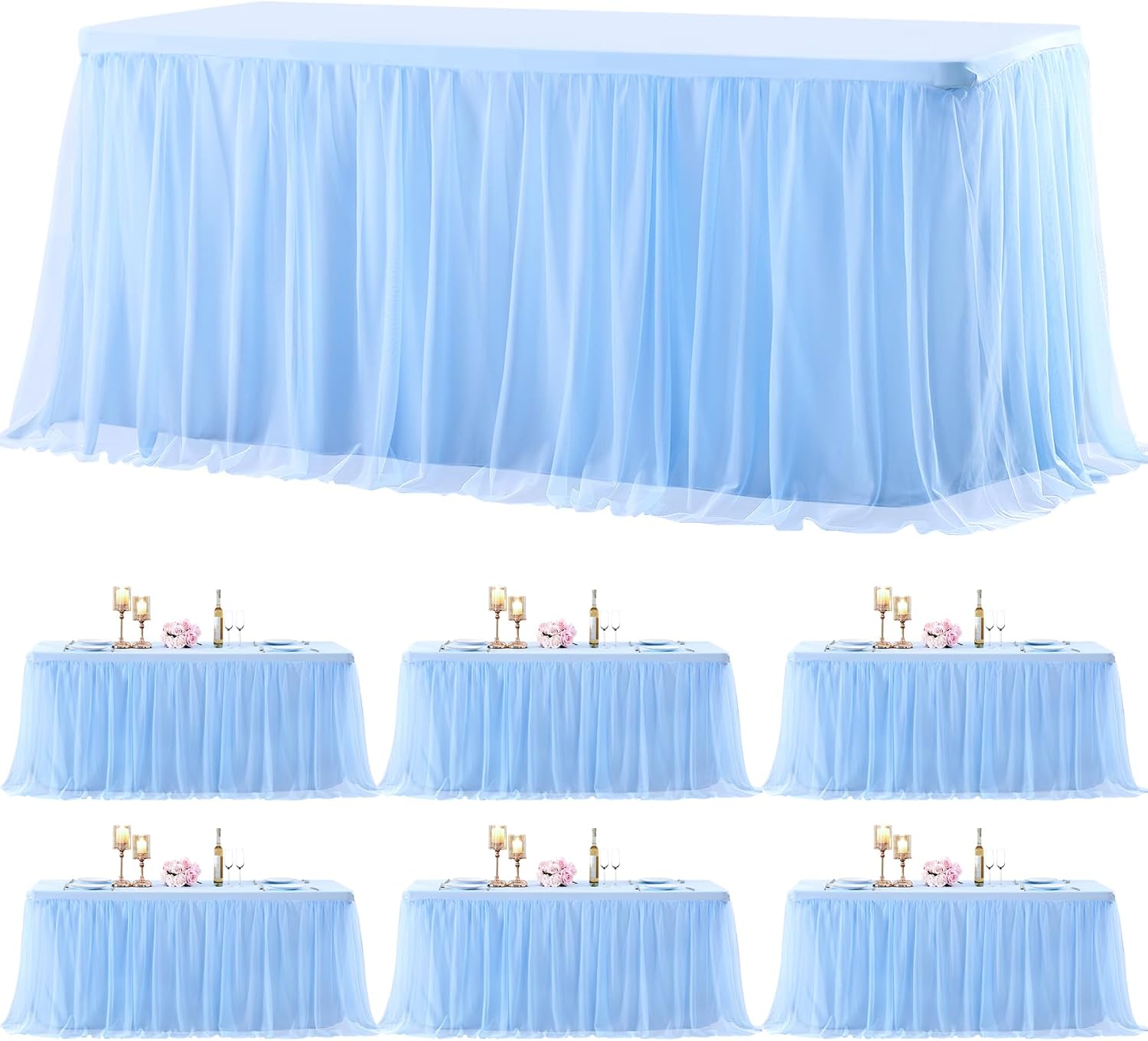 6 Pack Baby Blue Table Cloth for 6 Foot Rectangle Tables, Stretch Fitted Tulle Table Covers Skirt, Rectangular Ruffle Tutu Tablecloth Wedding Baby Shower Baby Shower Cake Tablecloths