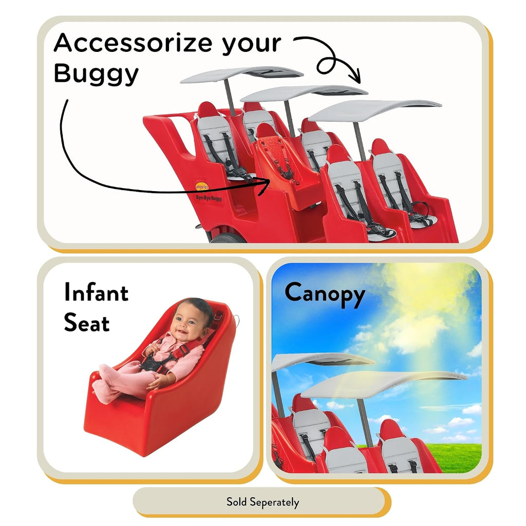 Angeles Bye Bye Buggy 6 Passenger Stroller, Sturdy Daycare Stroller with Fat Tires, Easy-to-Fasten Safety Buckles, Parking Brake, & 360 Pivoting Wheels, Red with Stripe Cushions