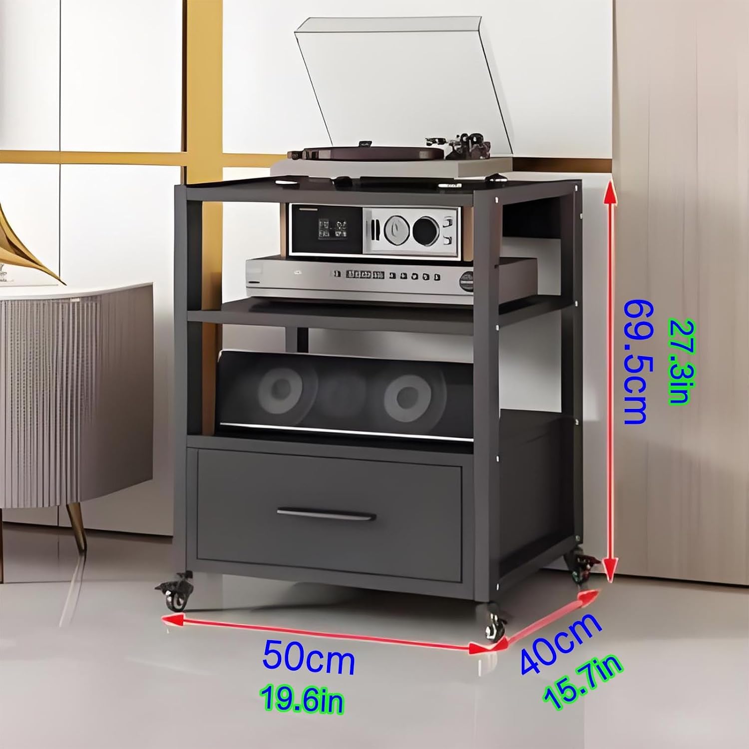 Modern Audio Cabinet & Media Storage, Adjustable Shelves Record Player & DVD/CD Rack Tower, Movable AV Stand, Stylish Black Stereo Holder (50x40)