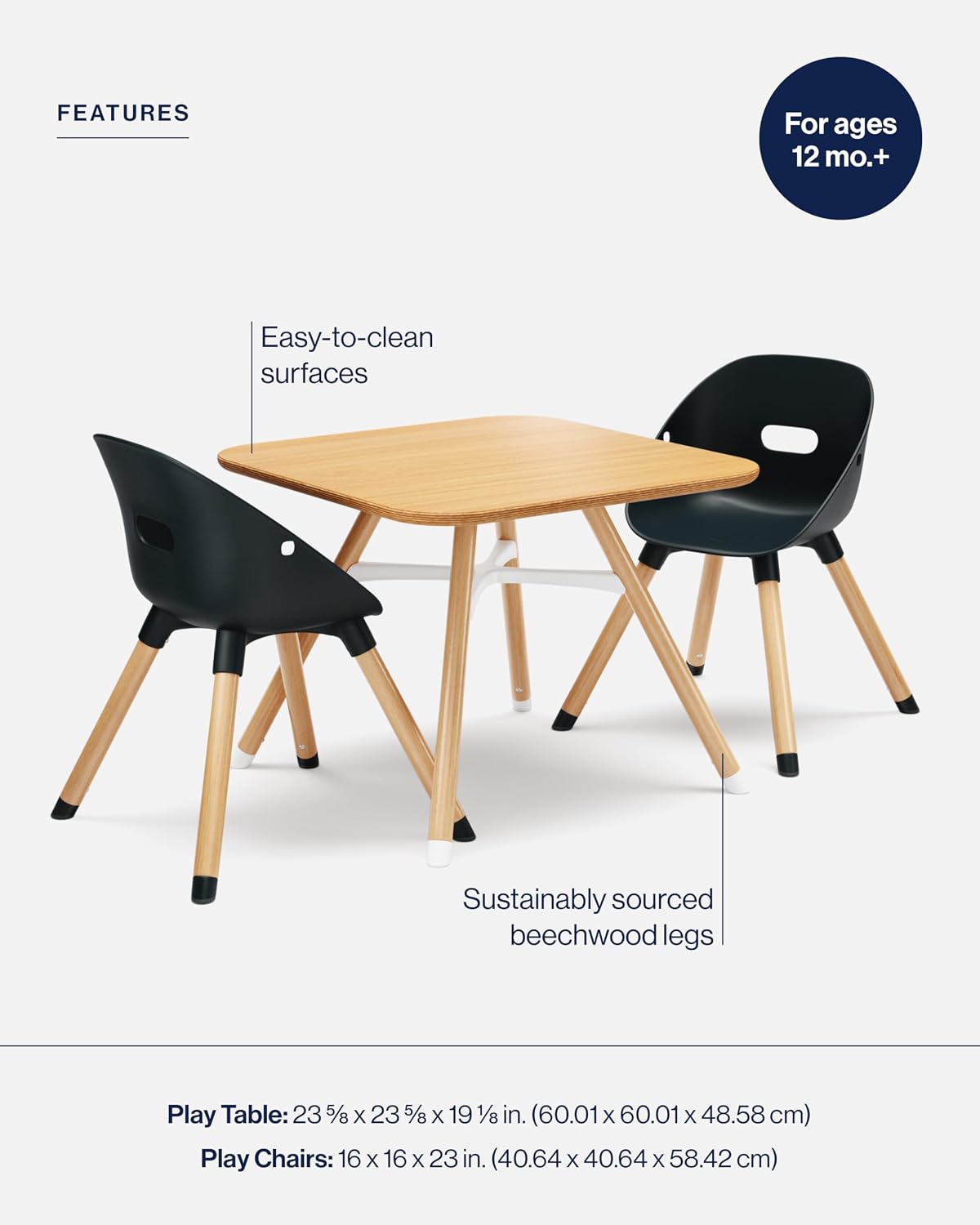 Lalo The Play Kit - Kids Table & Chairs Set with Sustainably Sourced Wood Table & 2 Non-Toxic Bucket Seat Chairs - Safe & Comfortable - Natural/Licorice