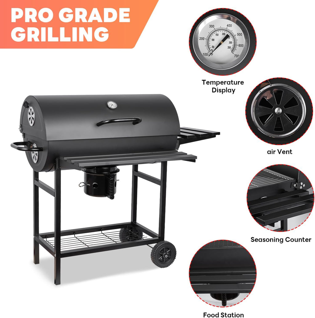 Charcoal Grill Barrel: Charcoal Grill with Rack - Outdoor BBQ Grill for Camping, Picnic, Courtyard, Party (Large)
