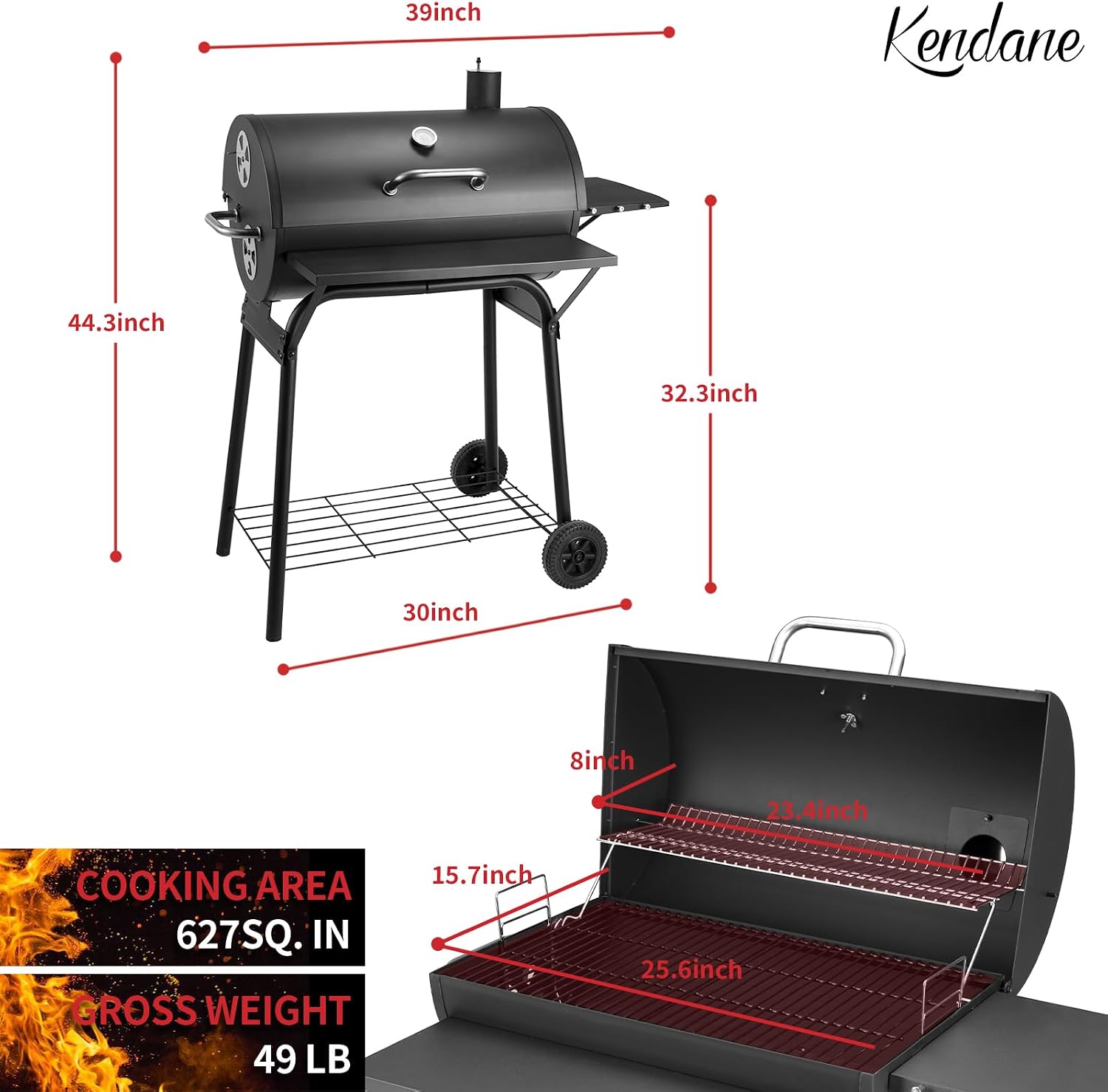 Kendane Barrel Charcoal Grill, Large Charcoal Grills with Front and Side Shelf, 627 Square Inches Cooking Grid, Outdoor BBQ Grill, Perfect for Backyard Camping, Patio Parties, and Picnics