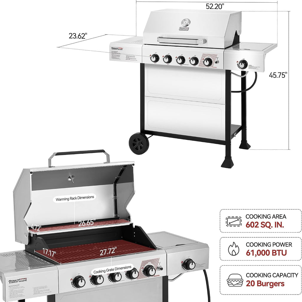 Royal Gourmet GA5401T 5-Burner BBQ Liquid Propane Gas Grill with Side Burner, Stainless Steel 61,000 BTU Output for Patio Garden Picnic Backyard Cooking, Silver