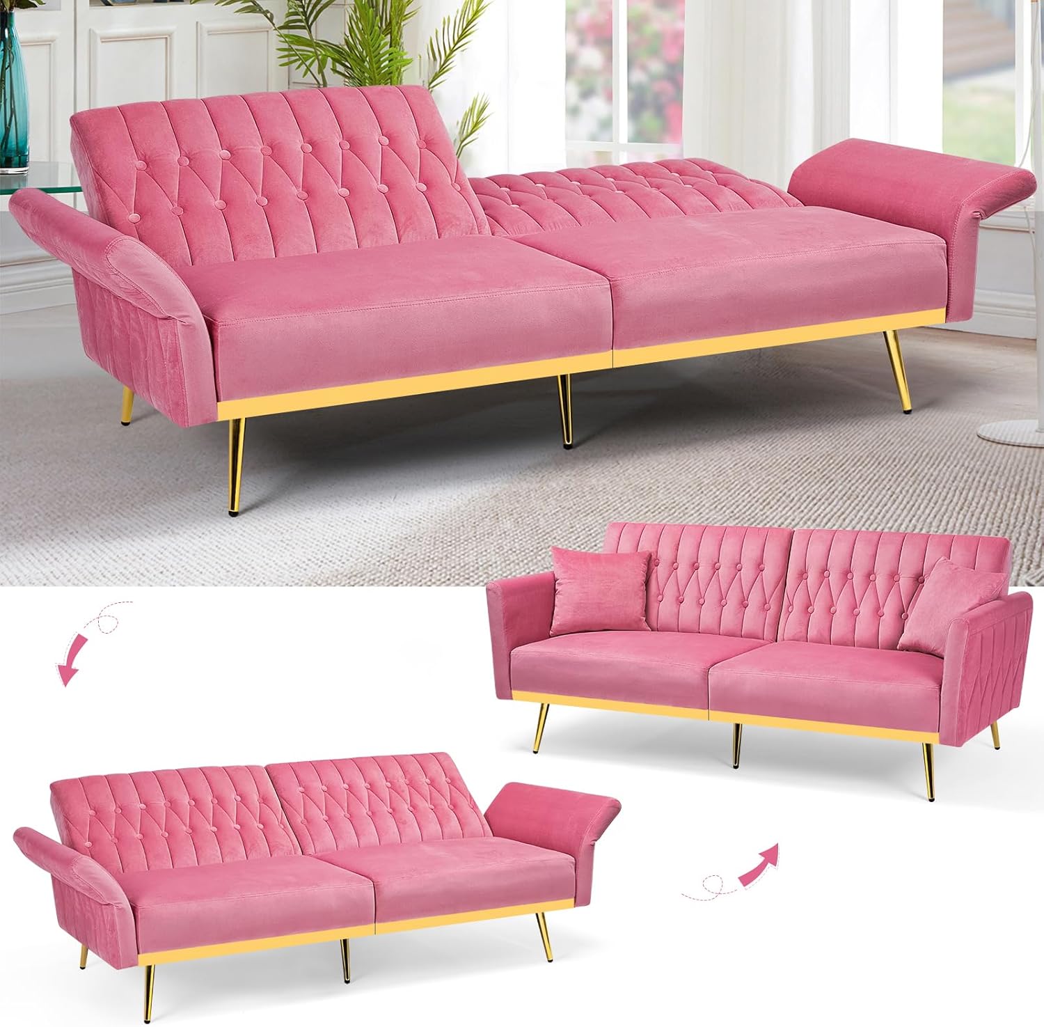 70' Velvet Futon Sofa Bed with 2 Pillows and Adjustable Armrests, Convertible Sleeper Bed, Modern Loveseat for Living Room, Bedroom, Pink